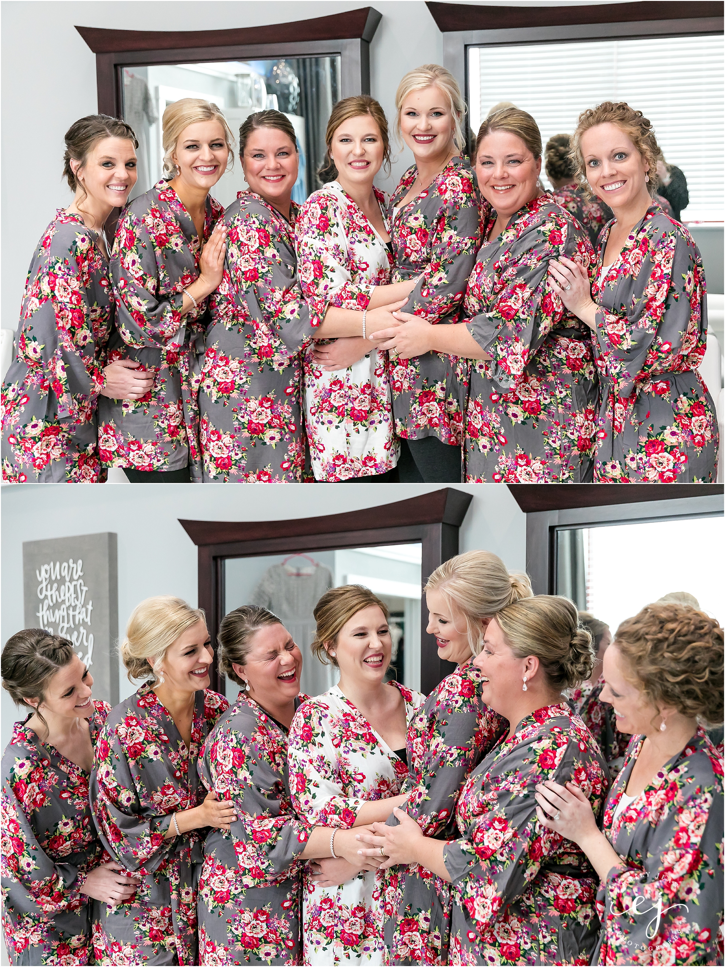 Bridesmaids wearing floral robes standing together