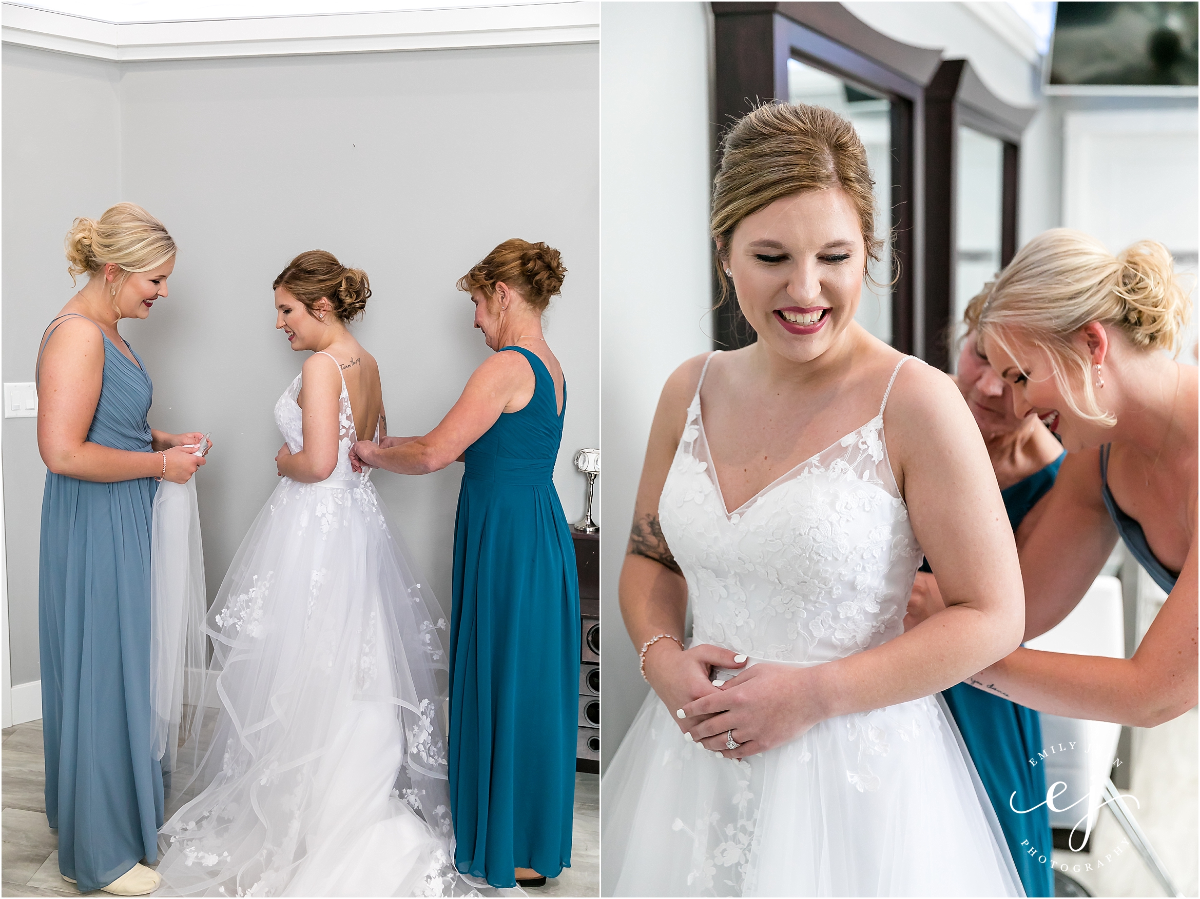 Bride and her bridesmaids getting dressed in her wedding dress