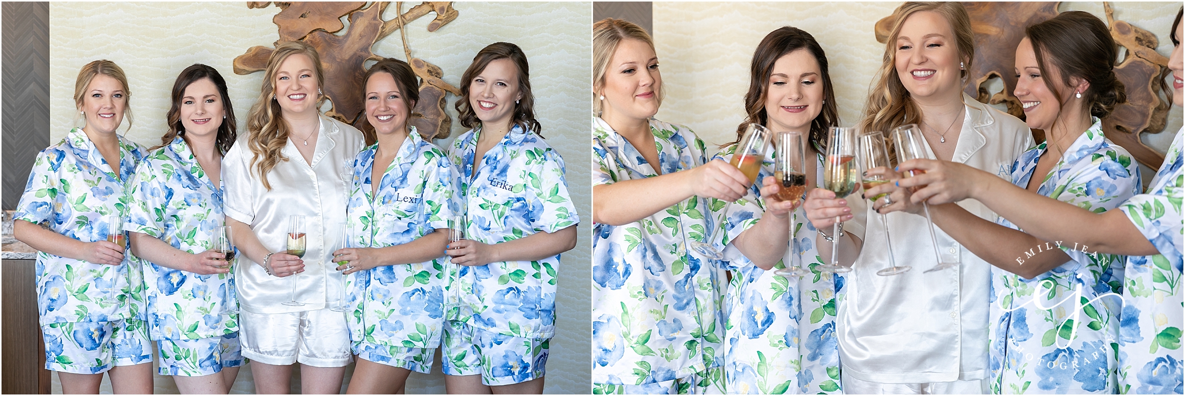 Bridesmaids holding champagne in pajamas