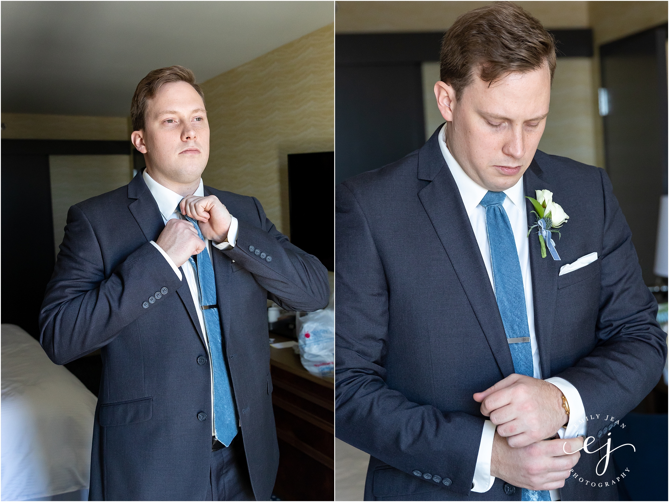 groom getting dressed for wedding