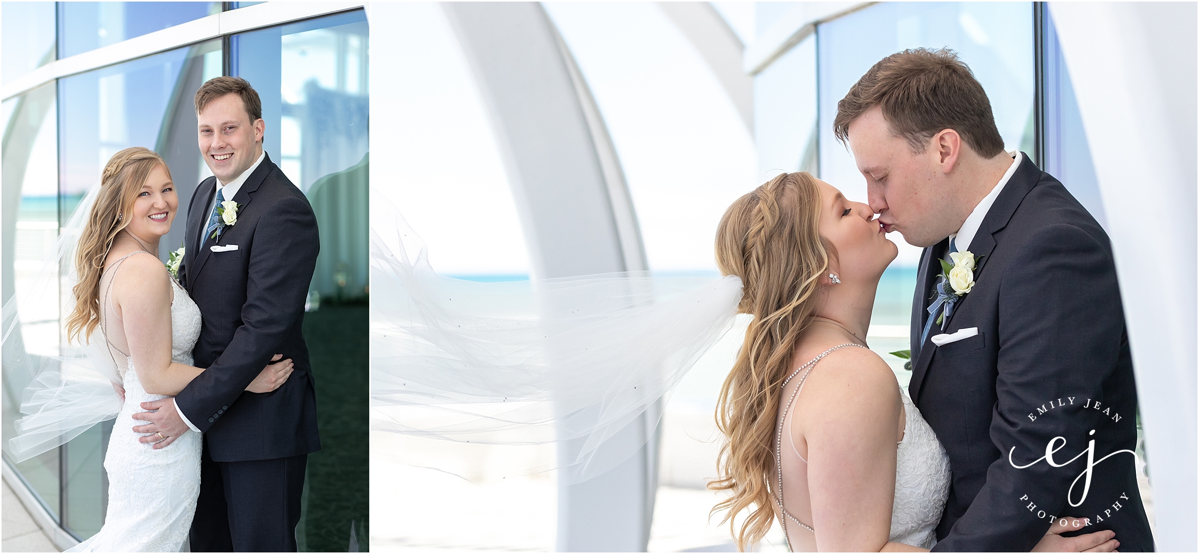 portrait of bride and groom kissing the pilot house milwaukee wi