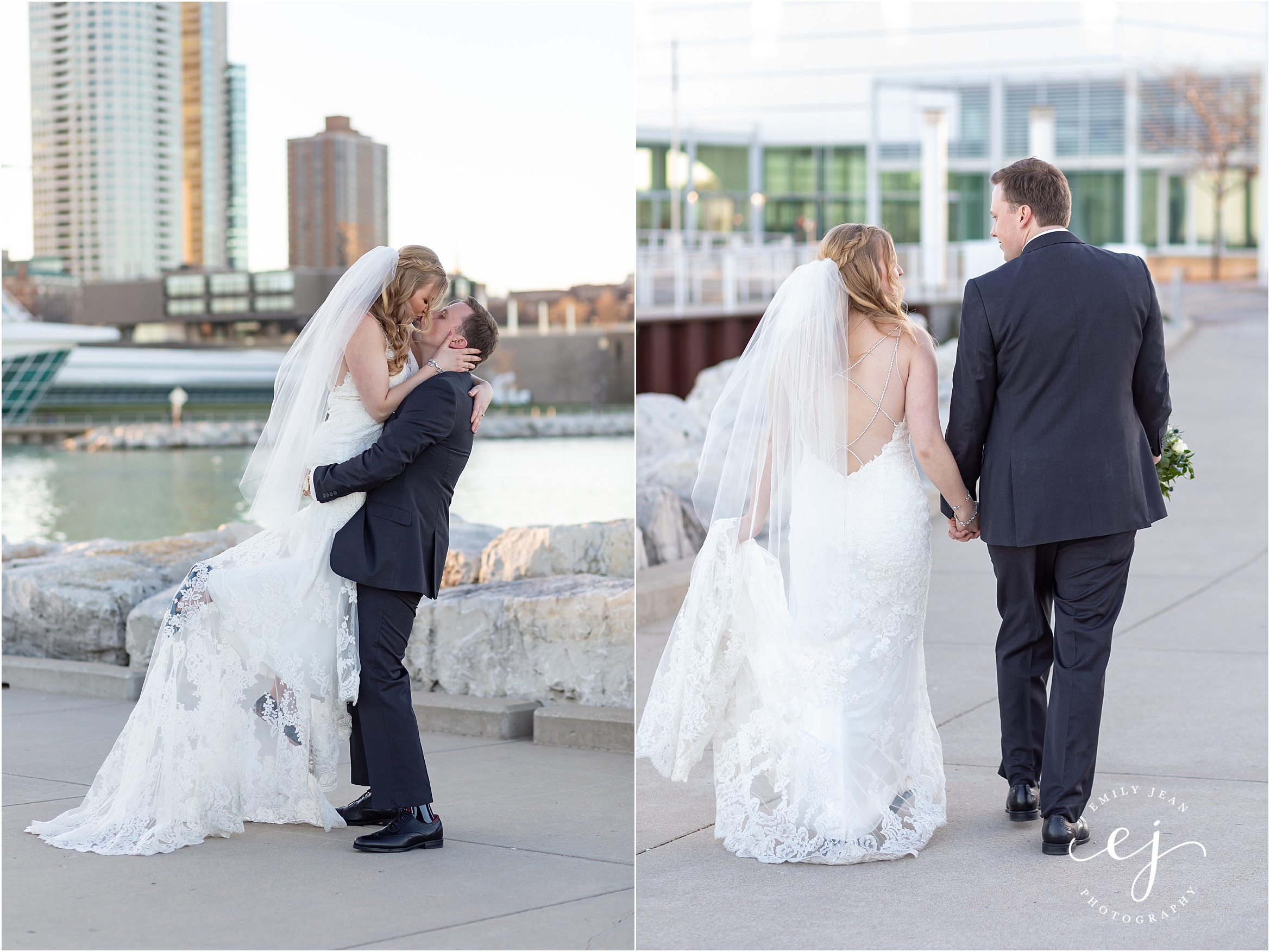 portrait of bride and groom milwaukee city scape