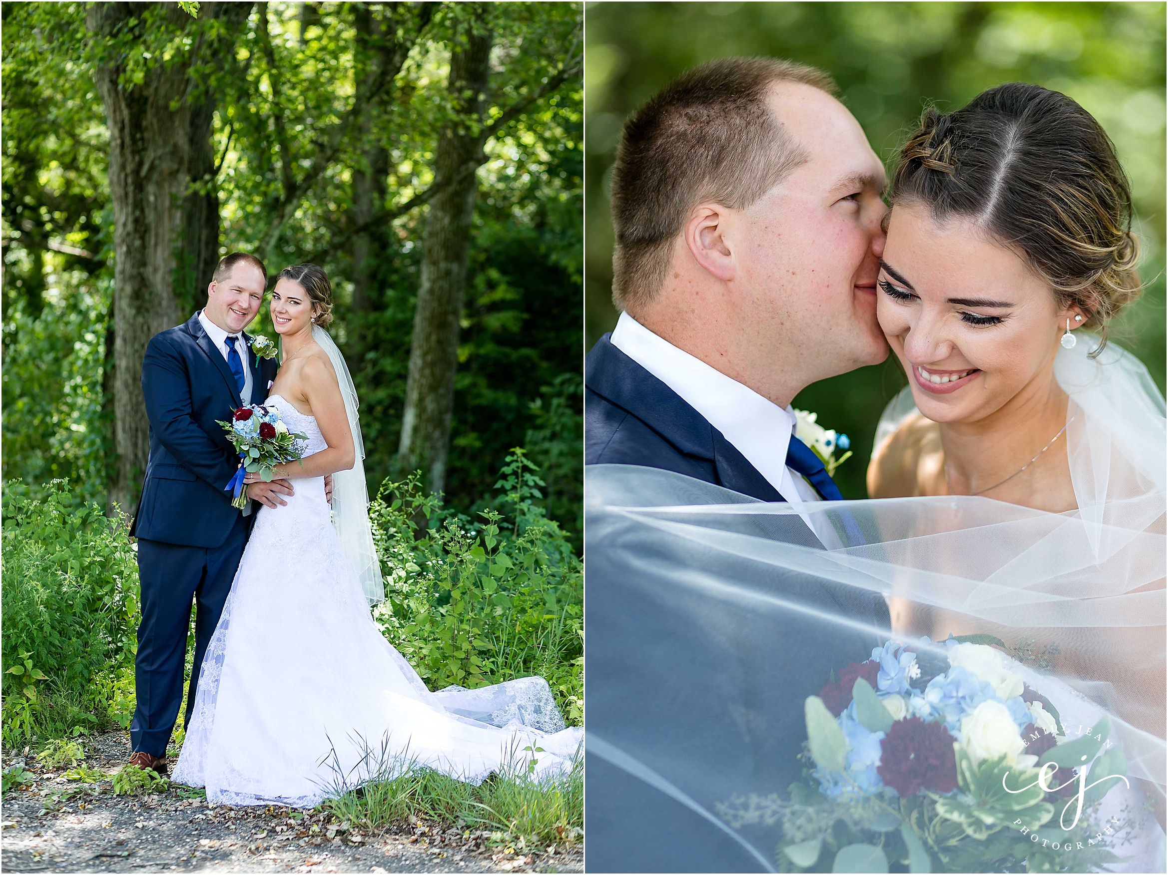 bride groom outdoors outside forest summer wedding navy suit wisconsin la crosse photographer