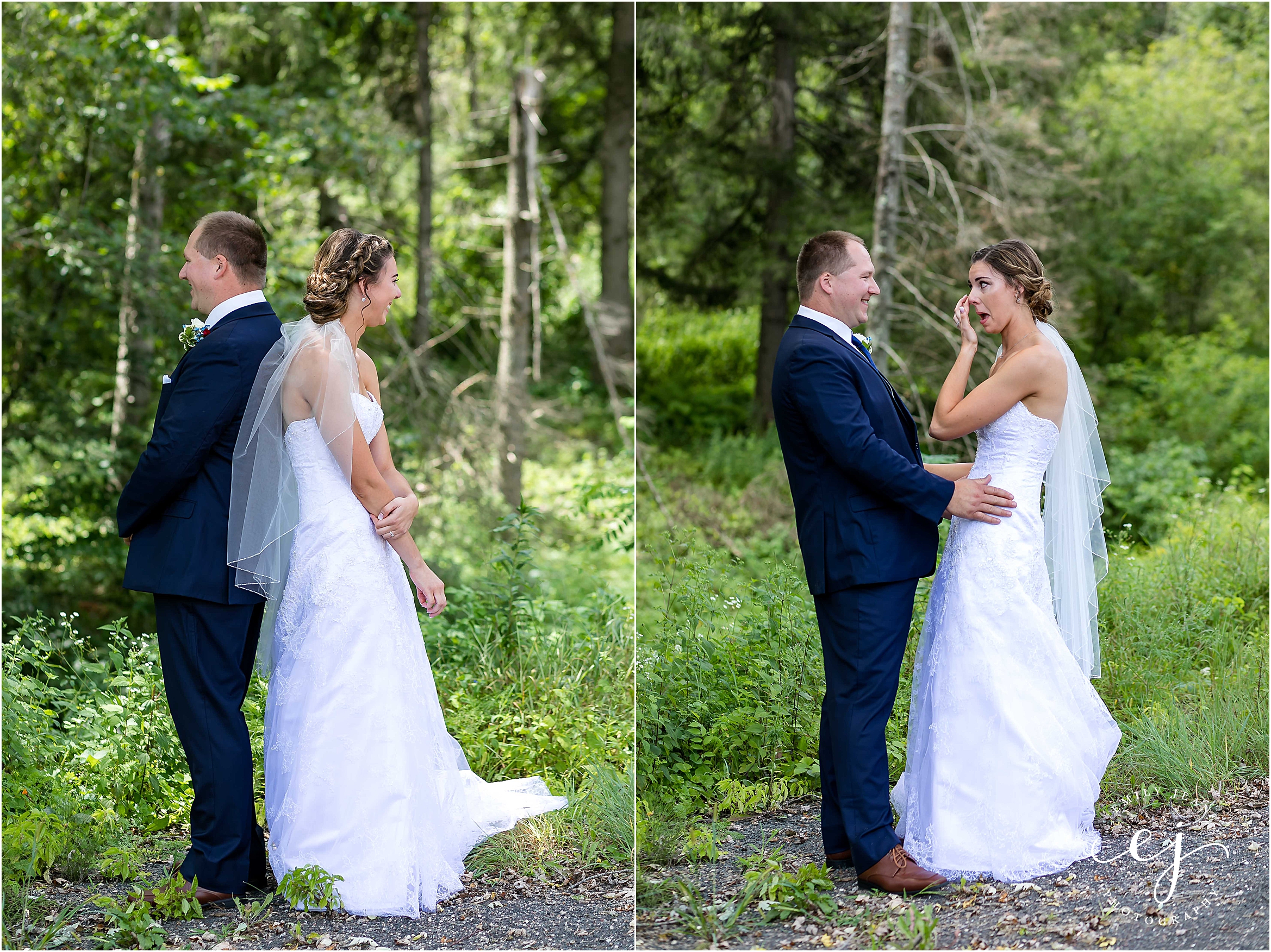 wisconsin wedding photographer first look forest outside