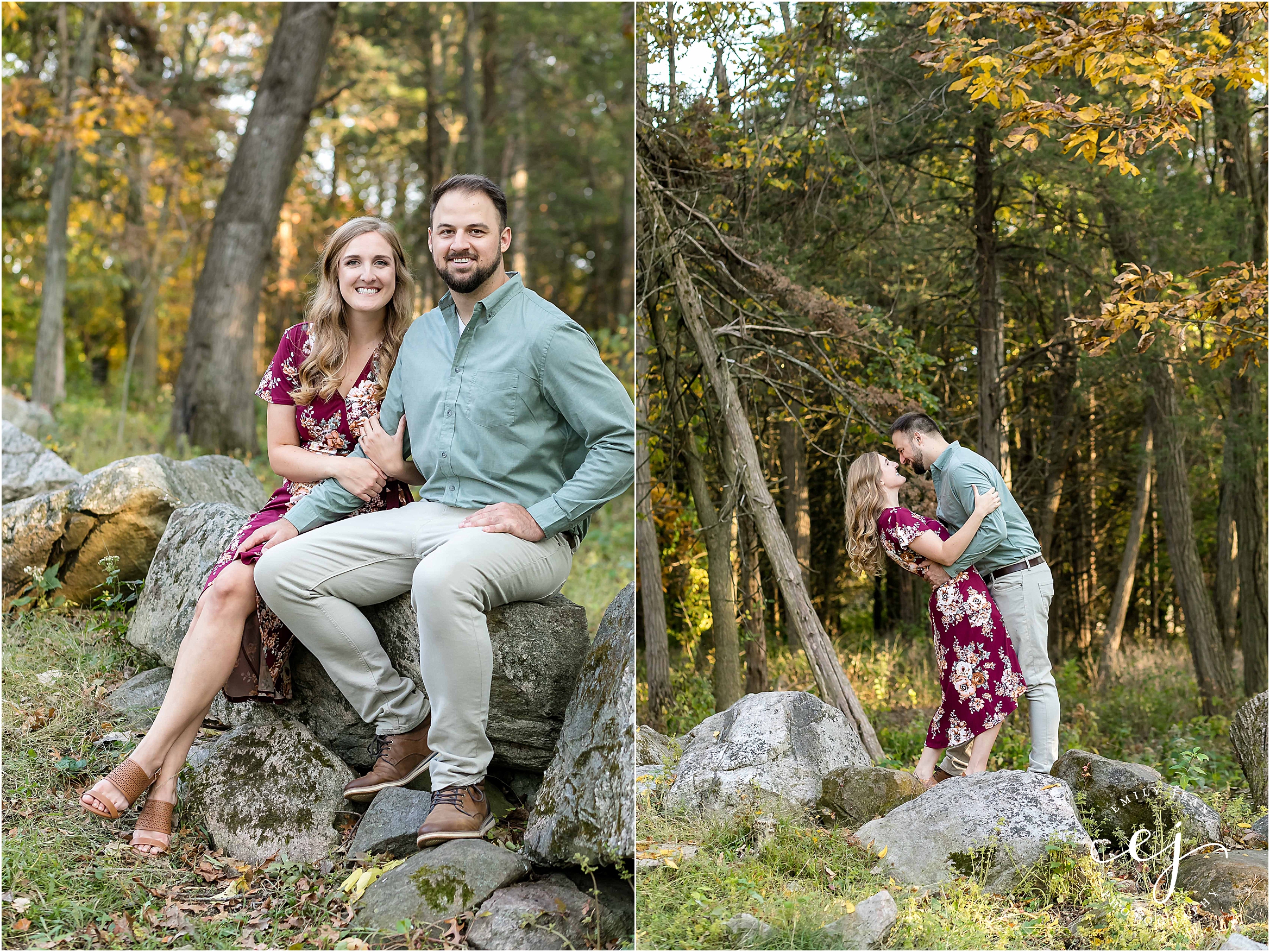 uw arboretum engagement session photographer wisconsin smiling at camera hugging large rocks standing and sitting