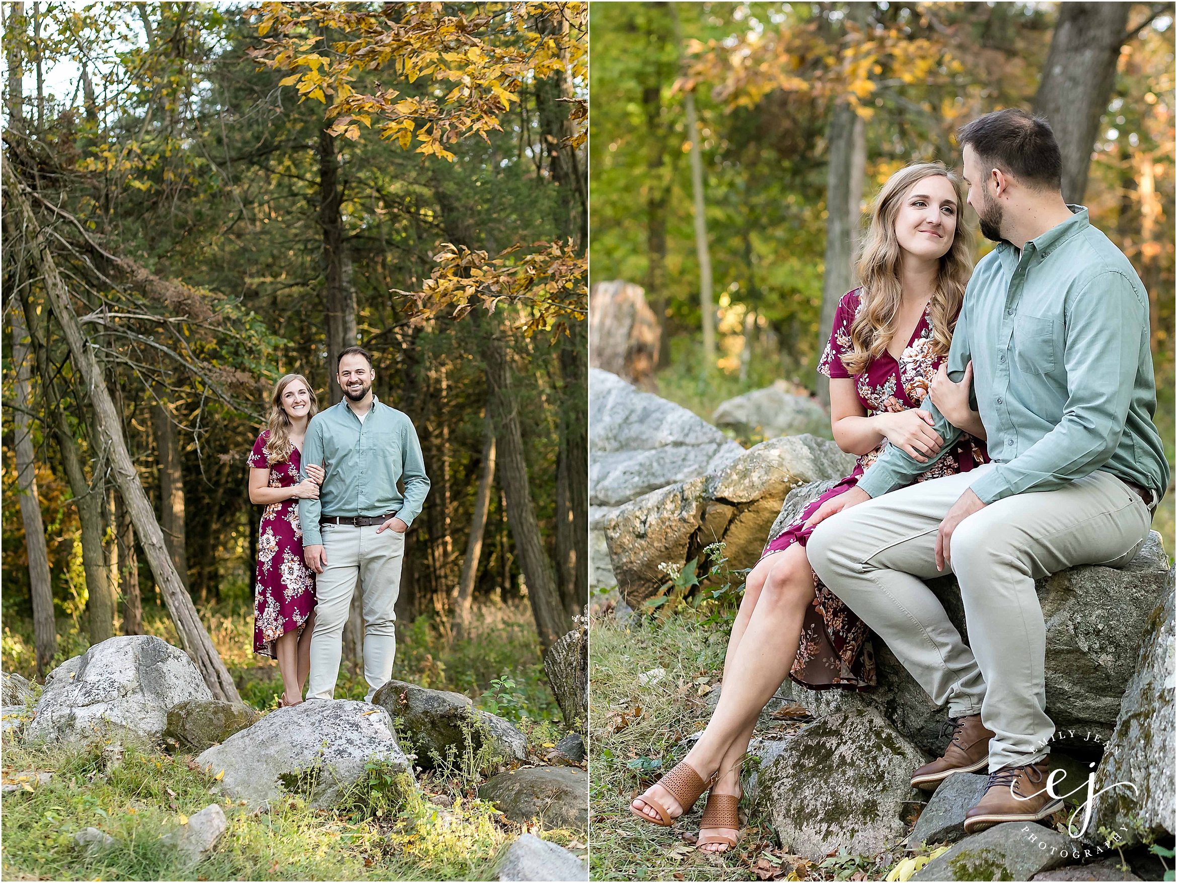 uw arboretum engagement session photographer wisconsin smiling at camera hugging large rocks sitting