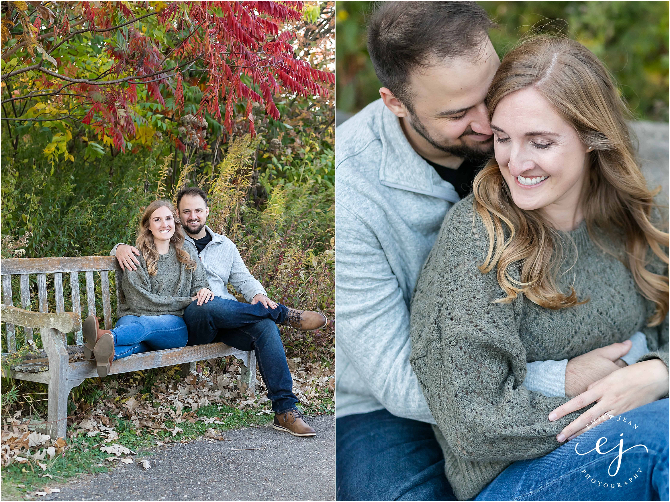 madison arboretum photographer engagement session sitting on a bench in autumn