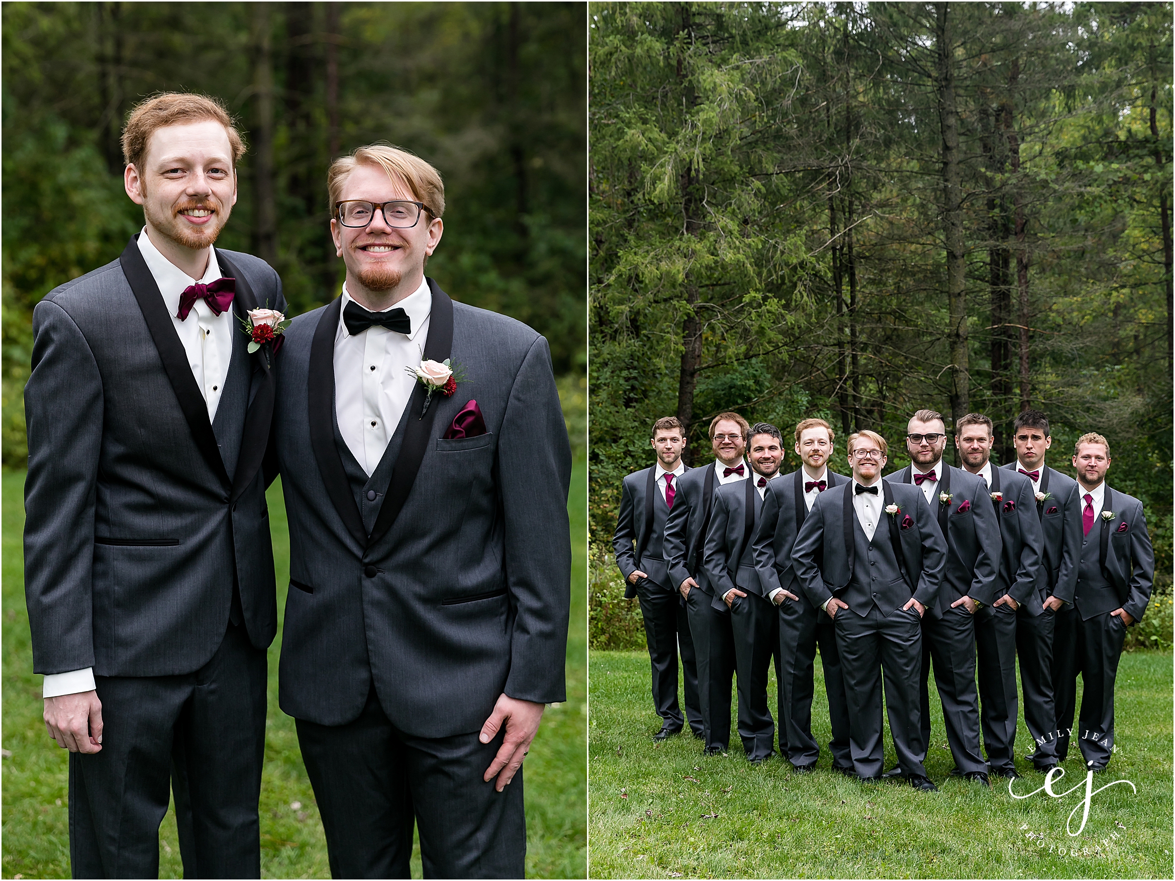 grey tux with black lapel 3 piece suite tuxedo groom with pink boutonniere standing with groomsmen