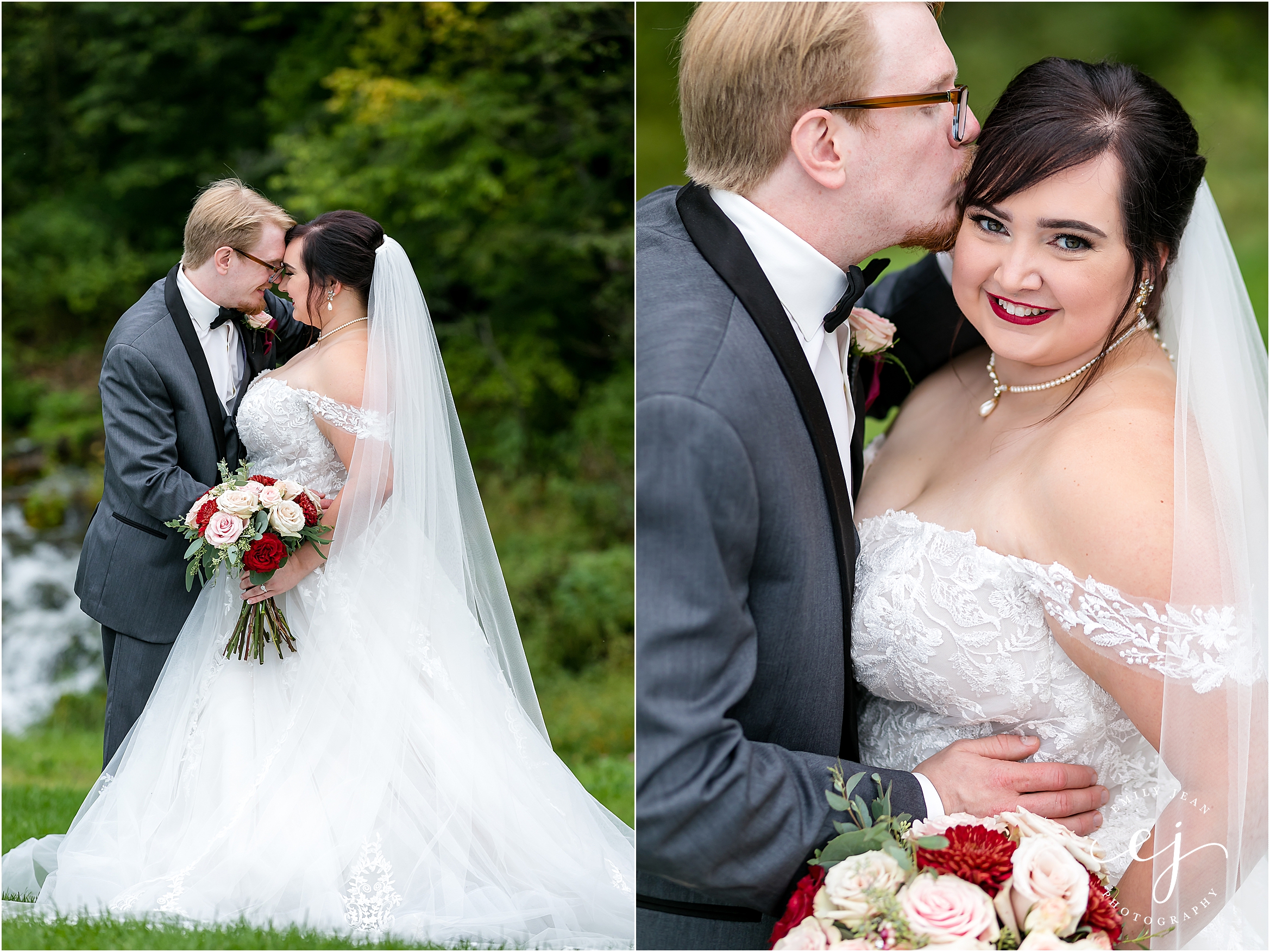 bride and groom at caledonia winnebago springs wedding grey tux and lace wedding dress with long lace veil