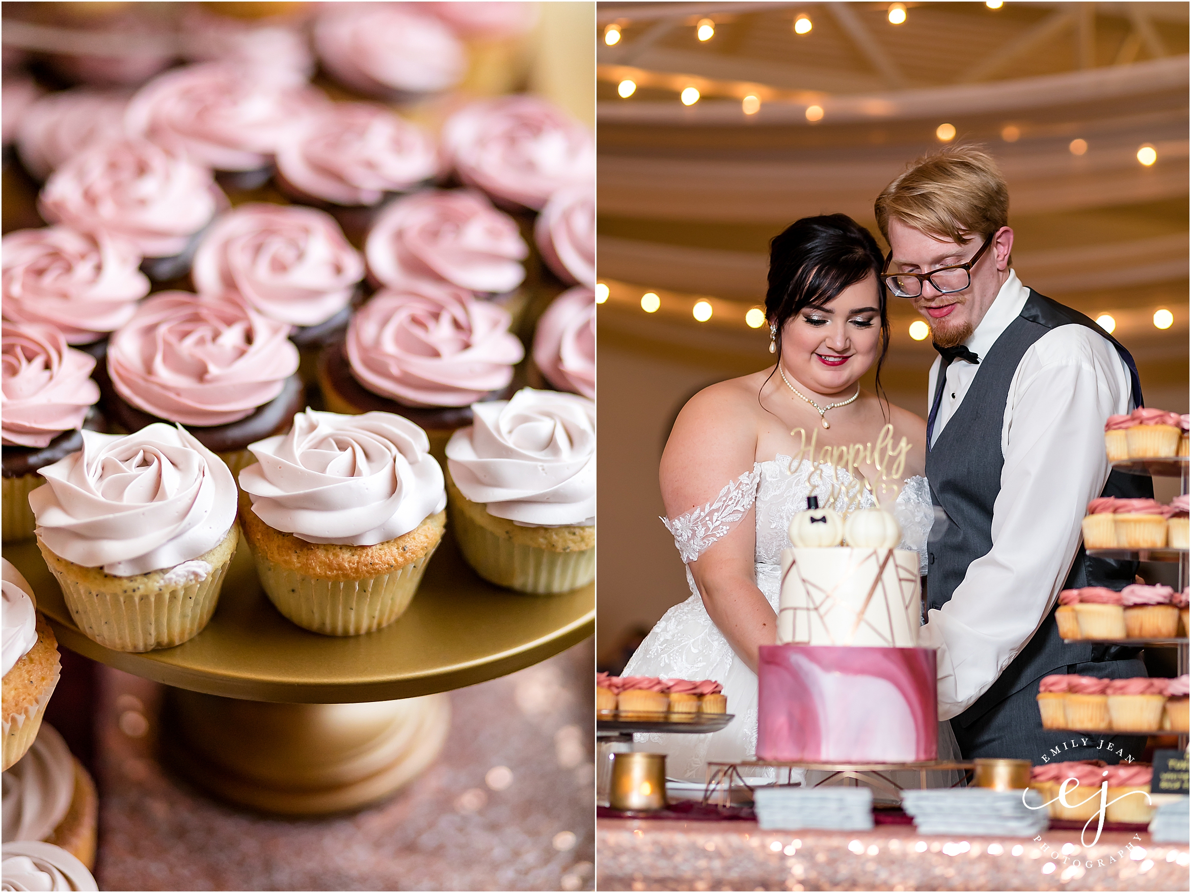 shades of pink cupcakes on gold platter with sequin table cloth bride and groom cutting pink cake