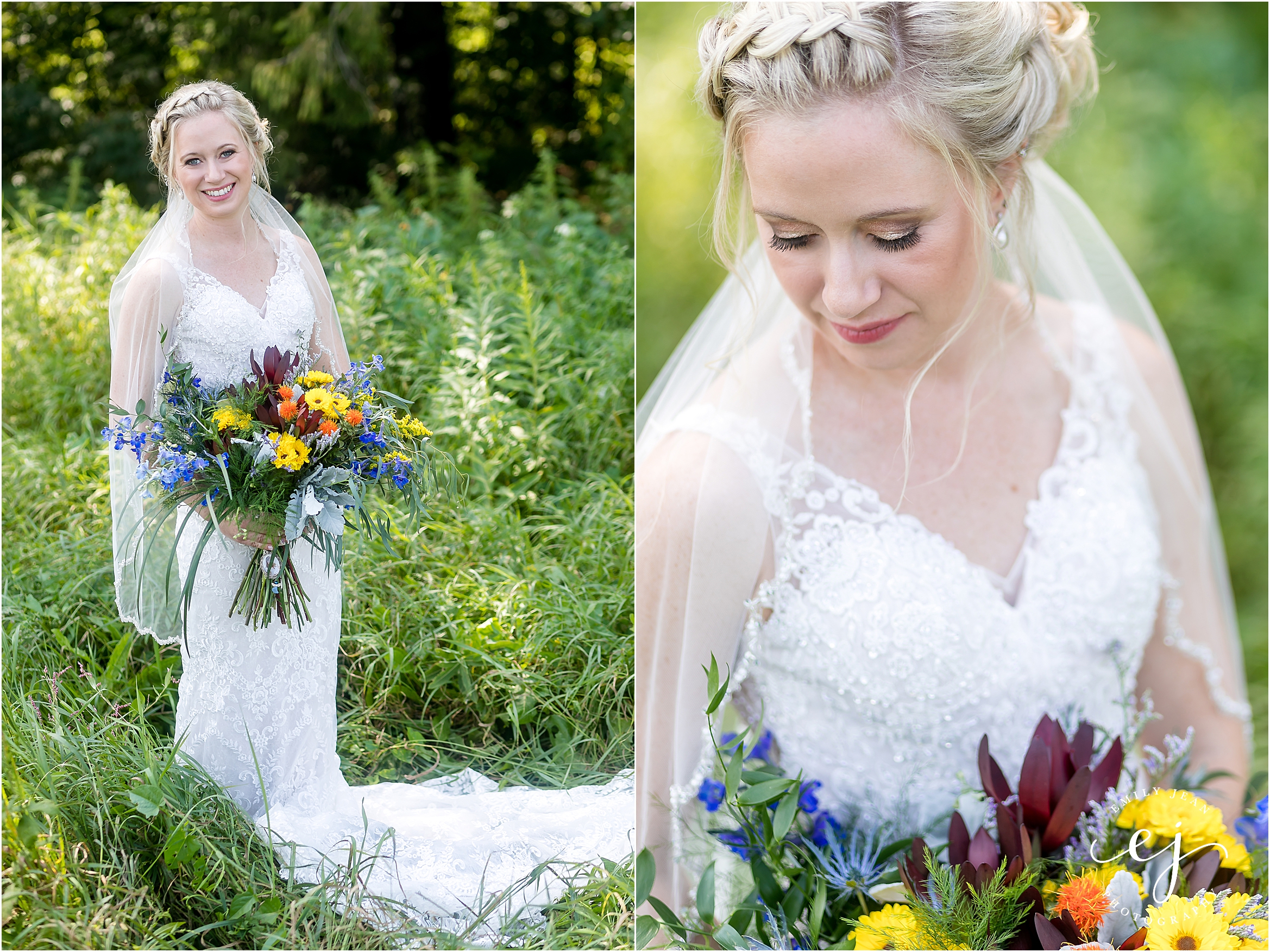 bride wisconsin farm standing in field with wildflower bouquet