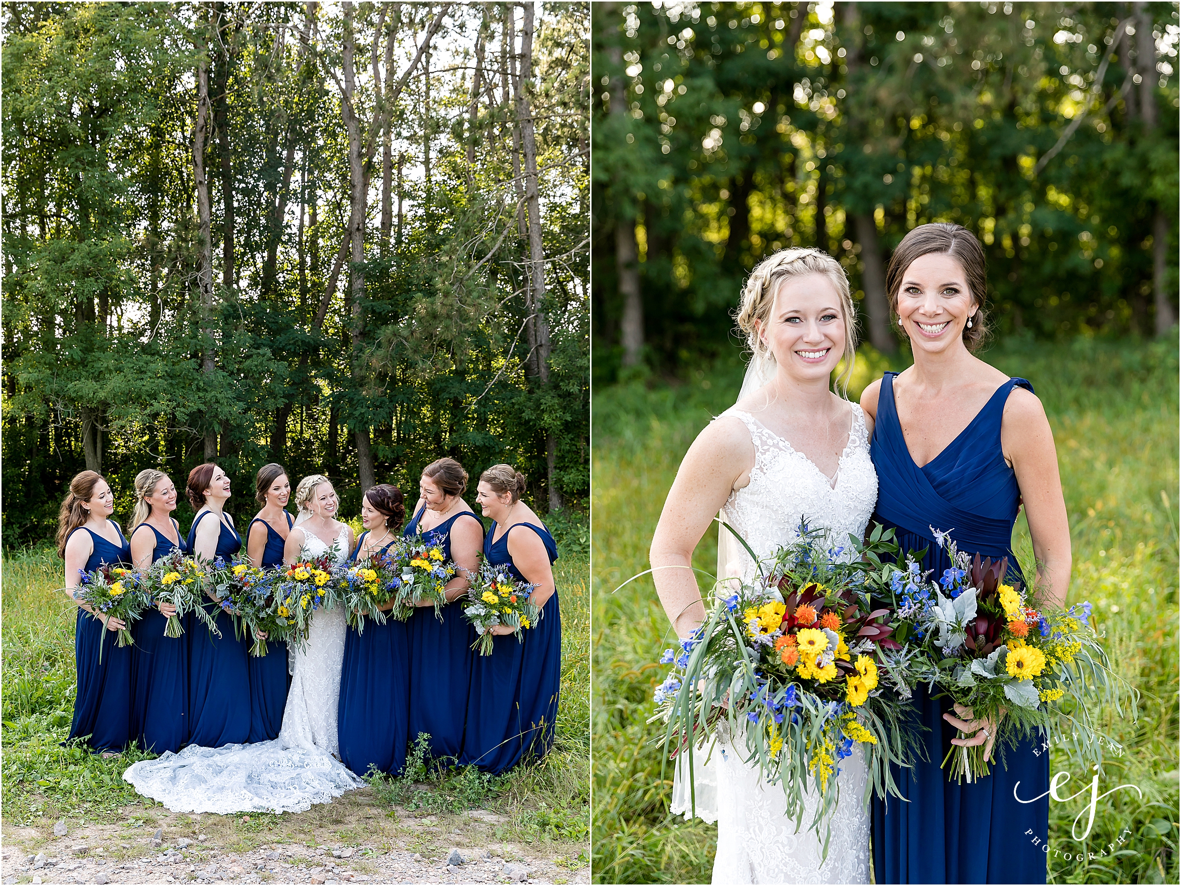 bridesmaids blue dress royal with wildflower bouquets black river falls wisconsin wedding