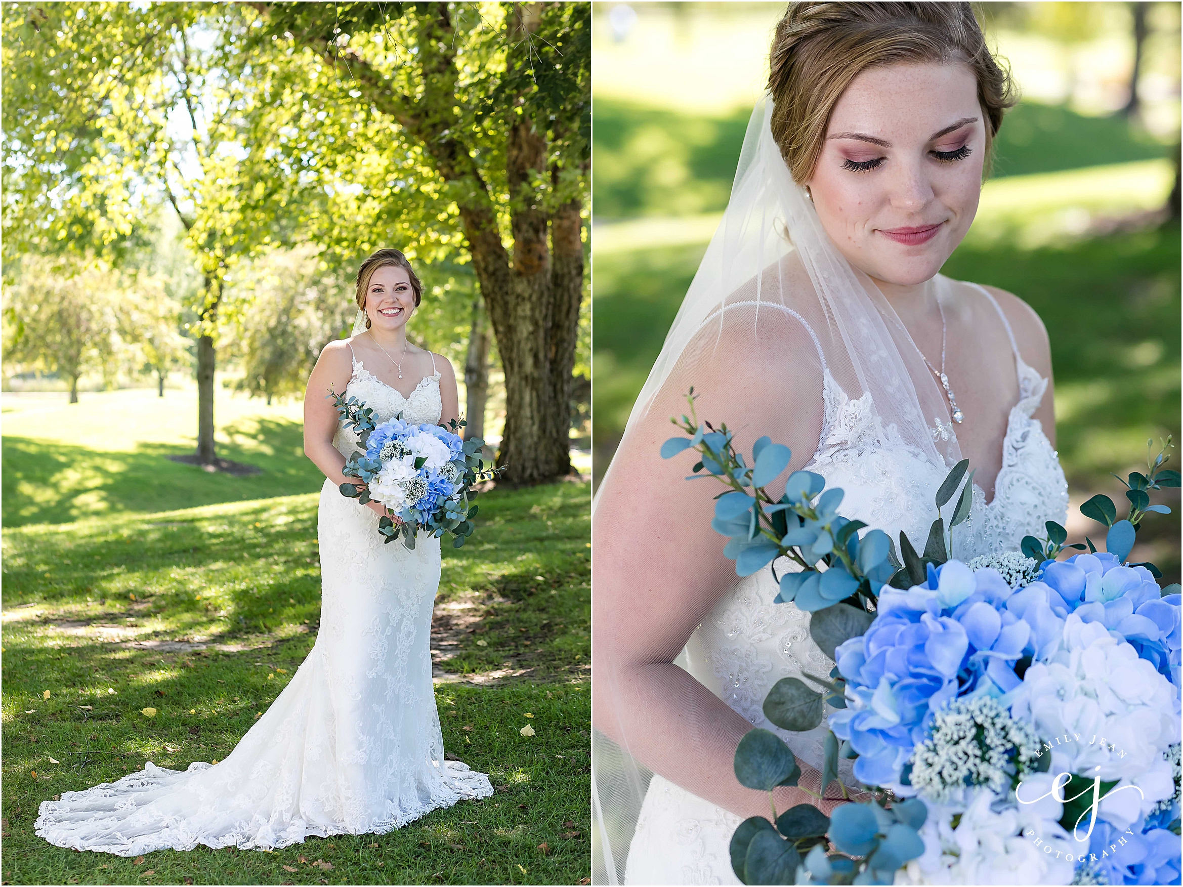 bride with blue and white bouquets at cedar creek country club onalaska wisconsin