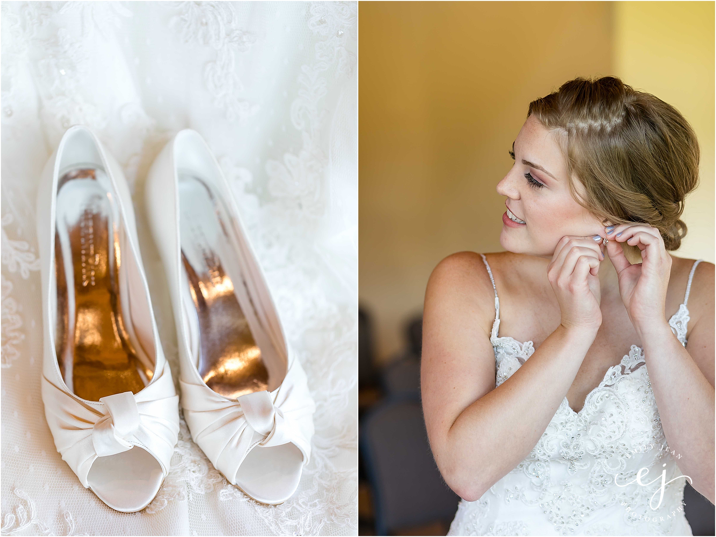 simple elegant satin wedding shoes and bride putting on earrings at cedar creek onalaska wedding