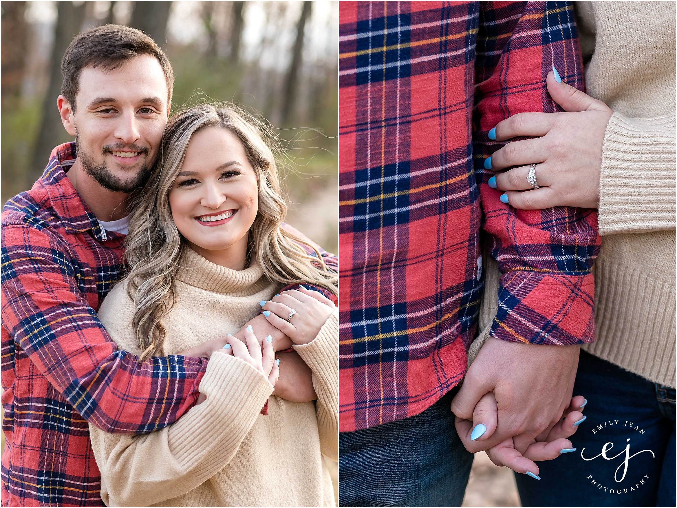 grandad bluff engagement session woman and man standing snuggling flannel shirt and beige turtleneck sweater