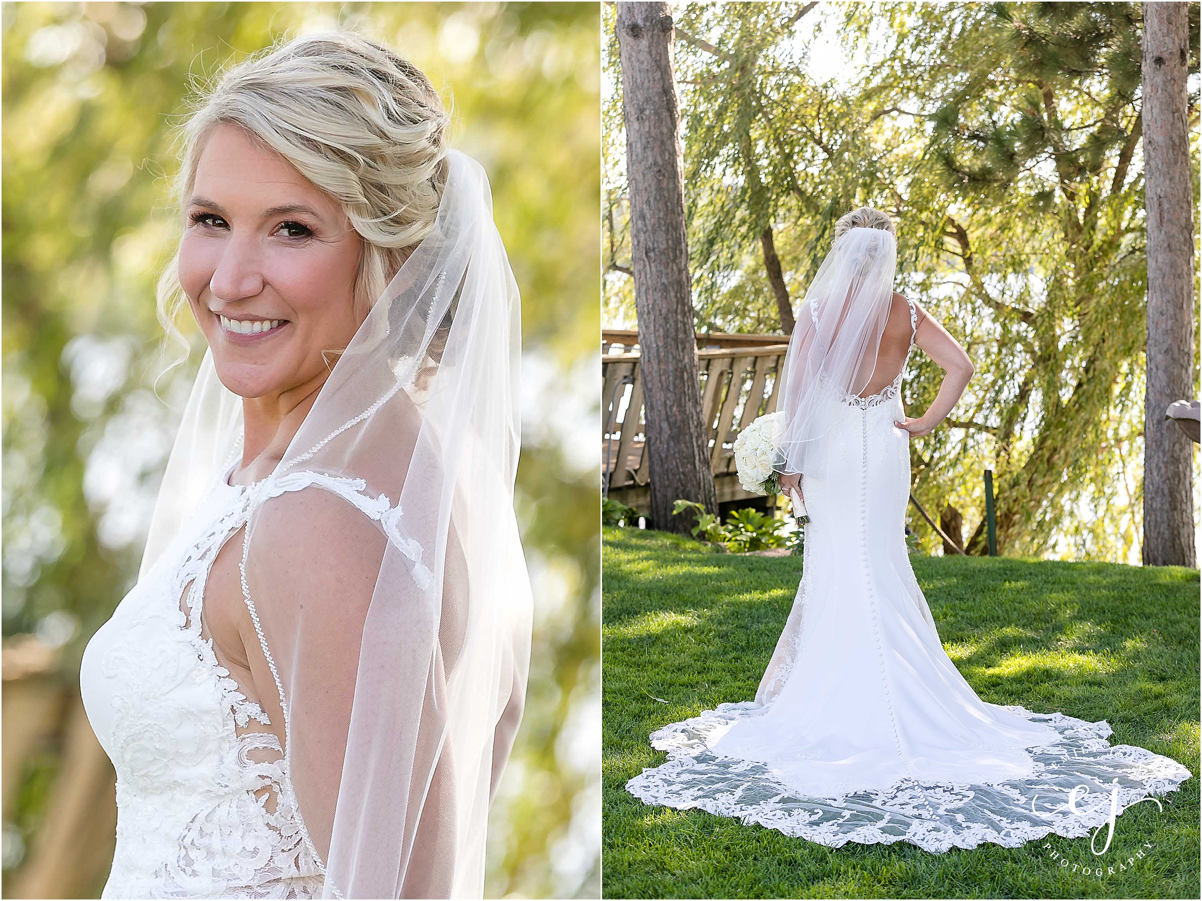 bride looking over shoulder blond hair lace wedding dress la crosse wisconsin wedding