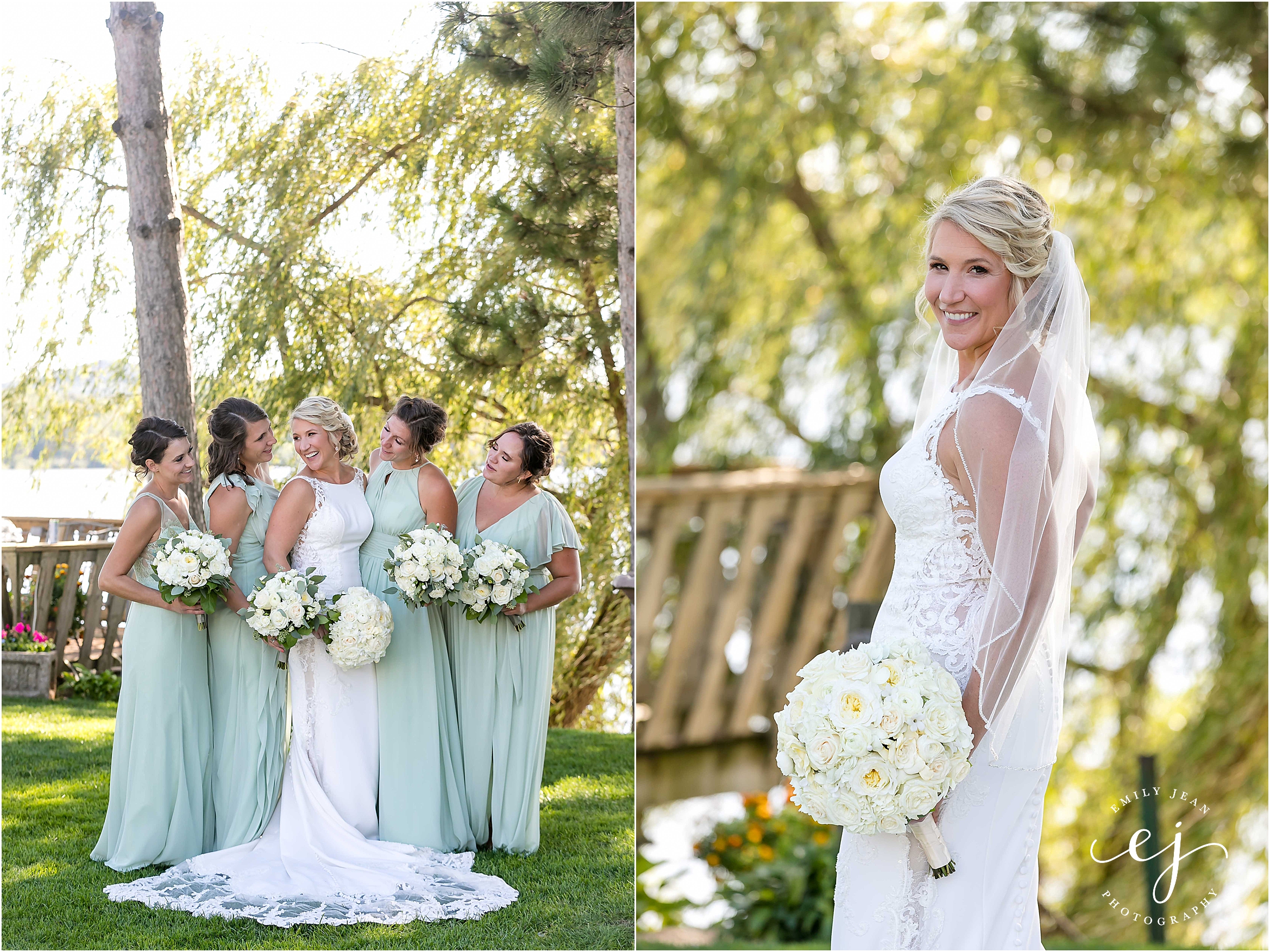 bridesmaids in green dresses with white flowers la crosse wisconsin wedding