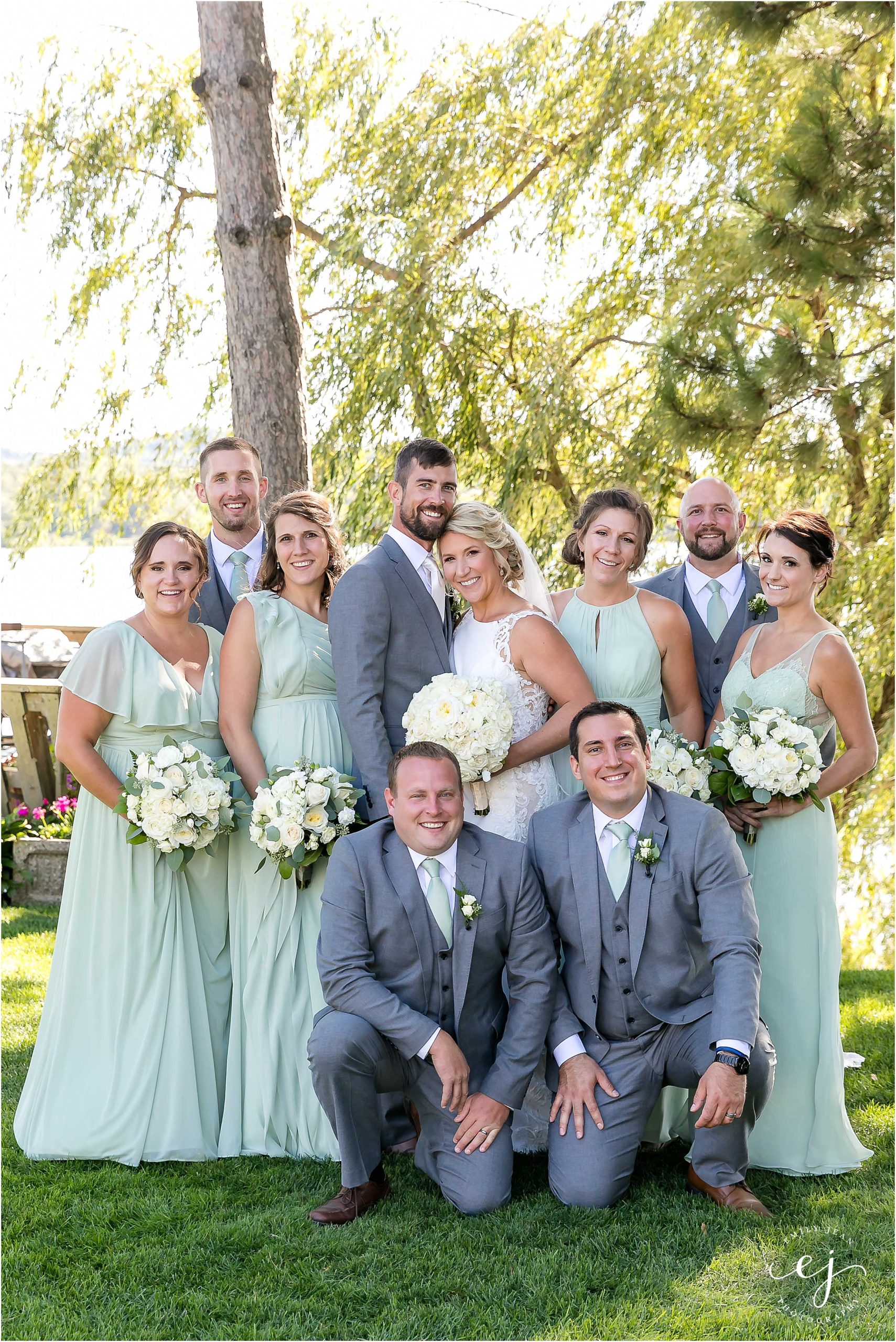 la crosse wisconsin bridal party with grey suits and green dresses