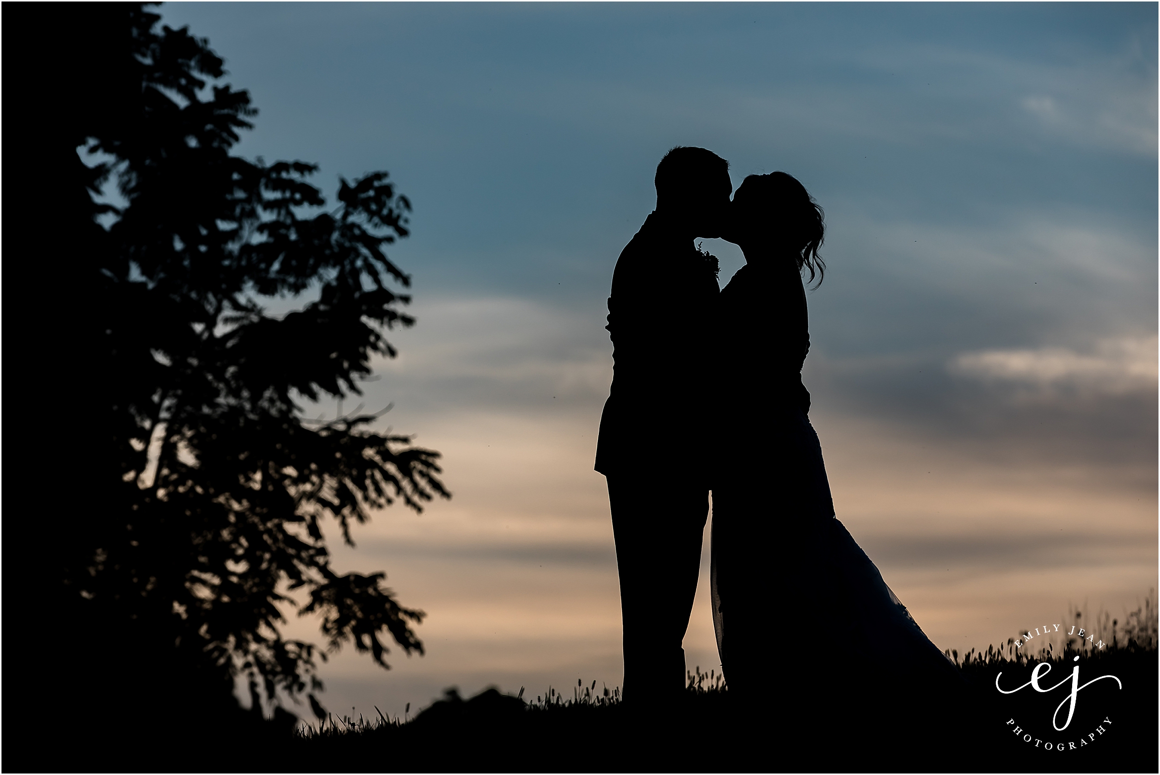 sunset silhouette bride and groom country wedding 