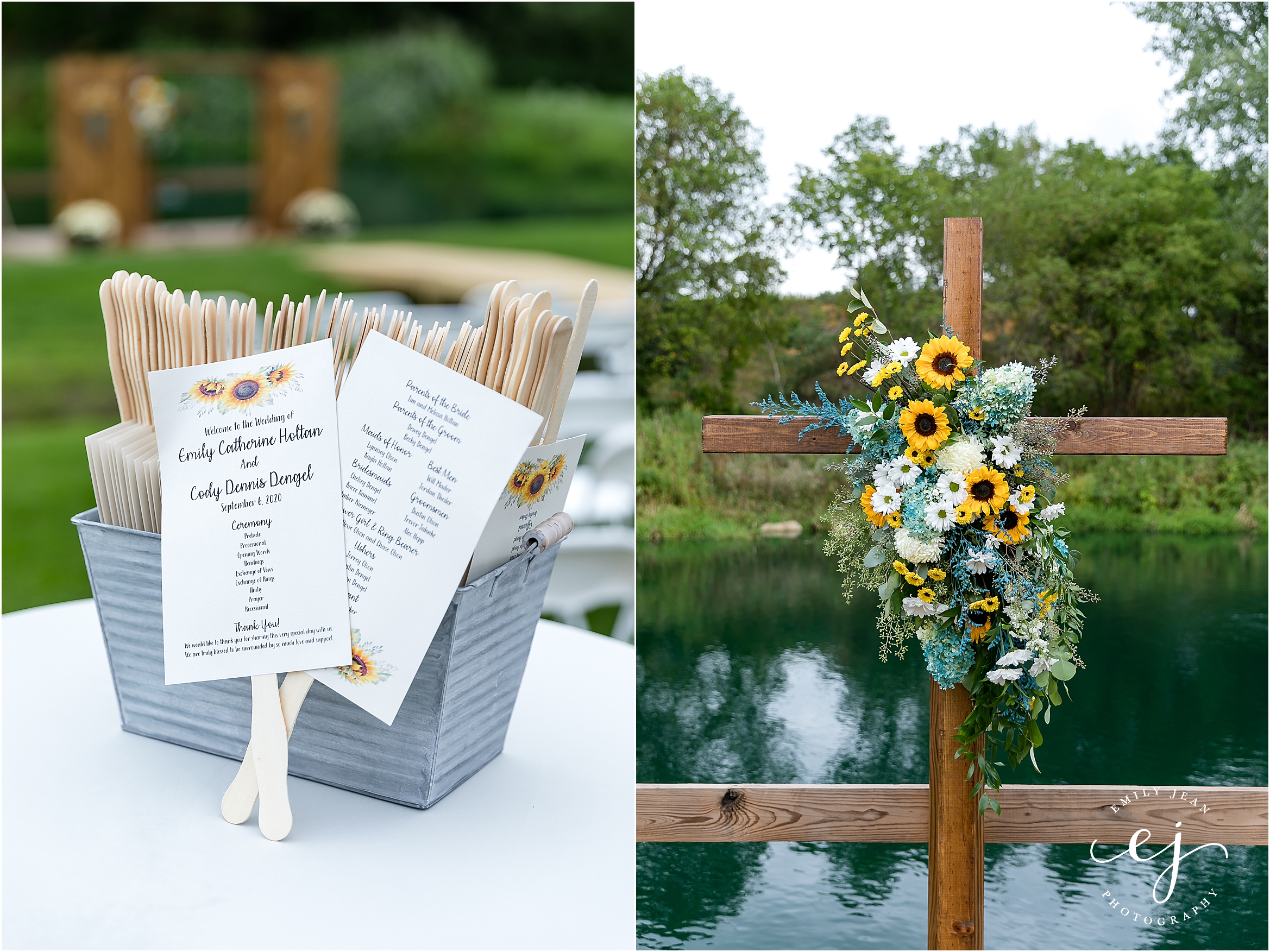 sunflower programs fans and wooden cross alter piece at front of wedding ceremony