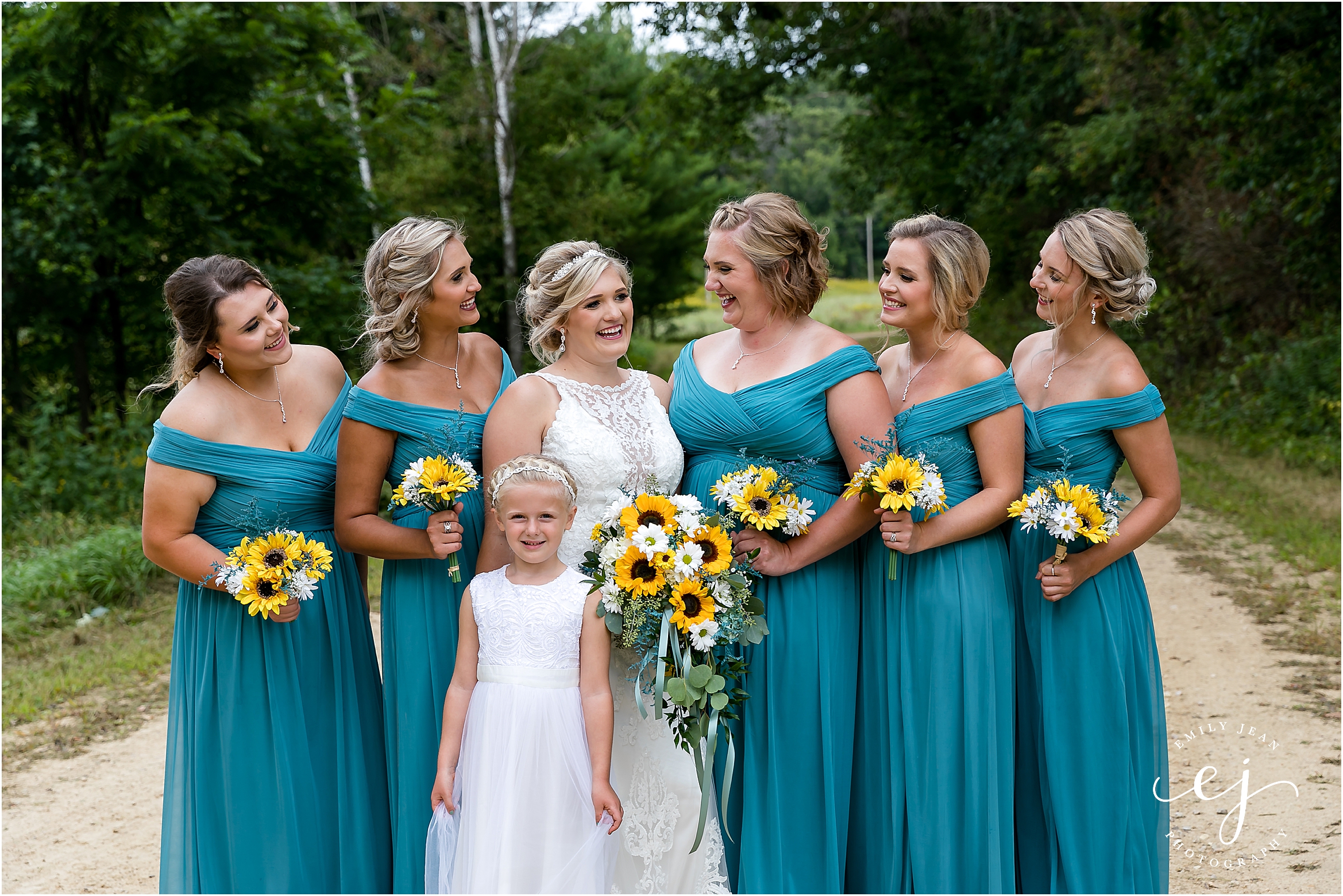 sunflower bouquets and teal bridesmaid dresses outdoor wedding wisconsin