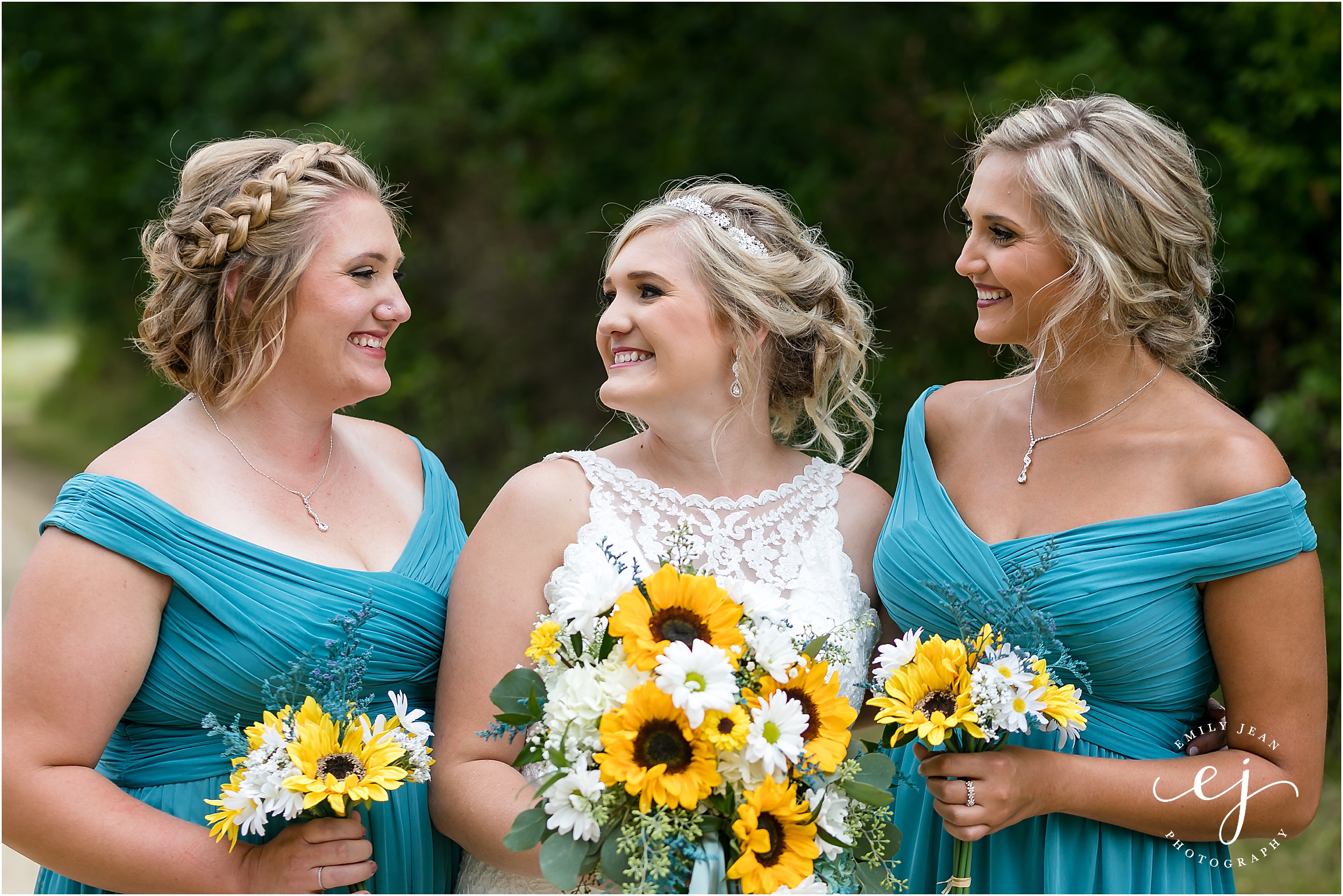 sunflower bouquets and teal bridesmaid dresses outdoor wedding wisconsin