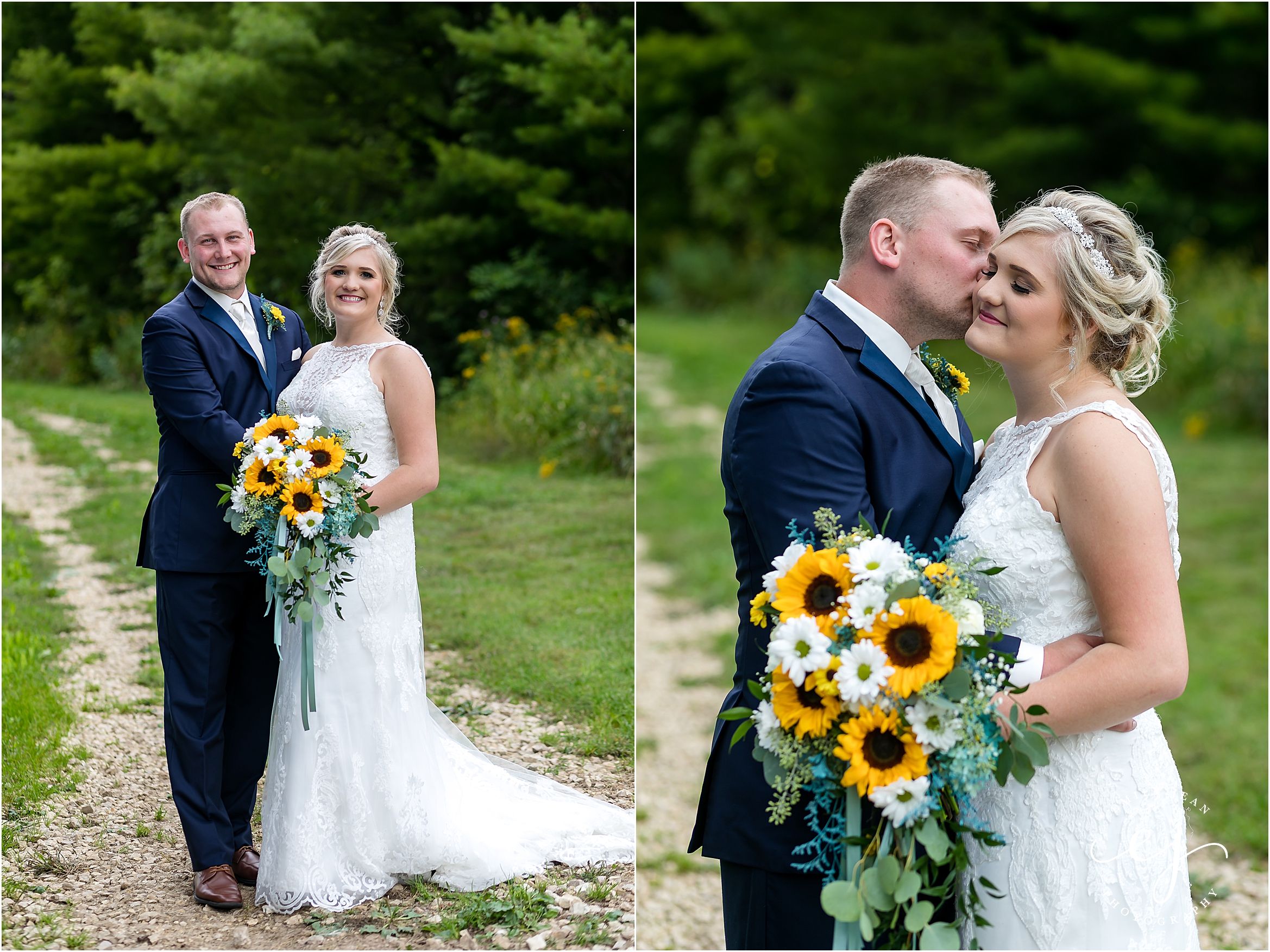 groom with navy suit bride lace dress sunflower bouquet country wedding wisconsin
