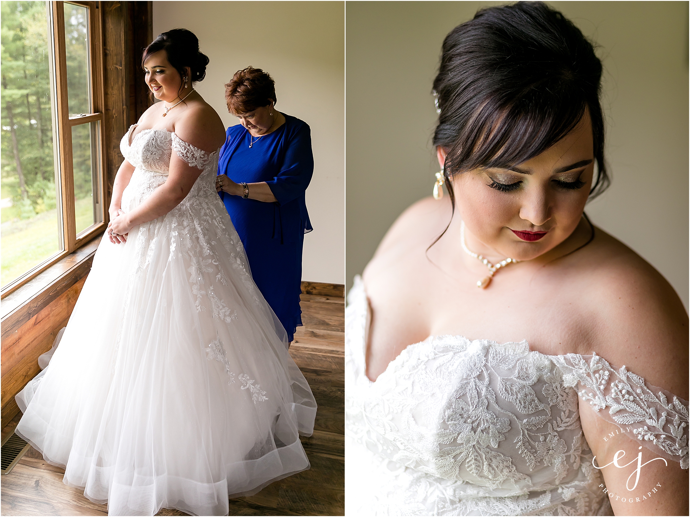 bride getting dressed mom buttoning dress at winnebago springs wedding cabin