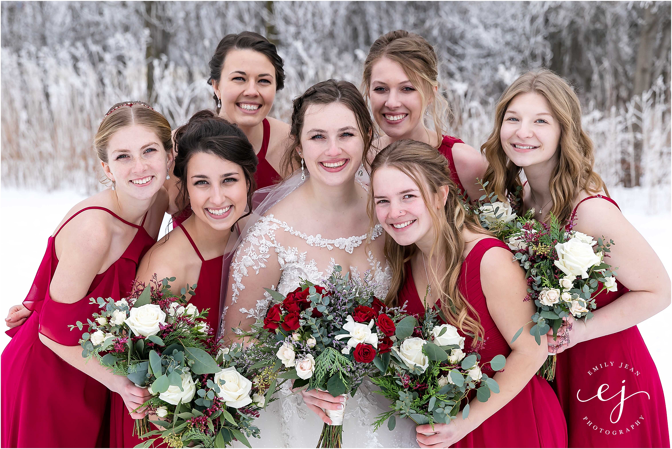 minnesota wedding photographer red and black colors winter bridesmaids jj's house