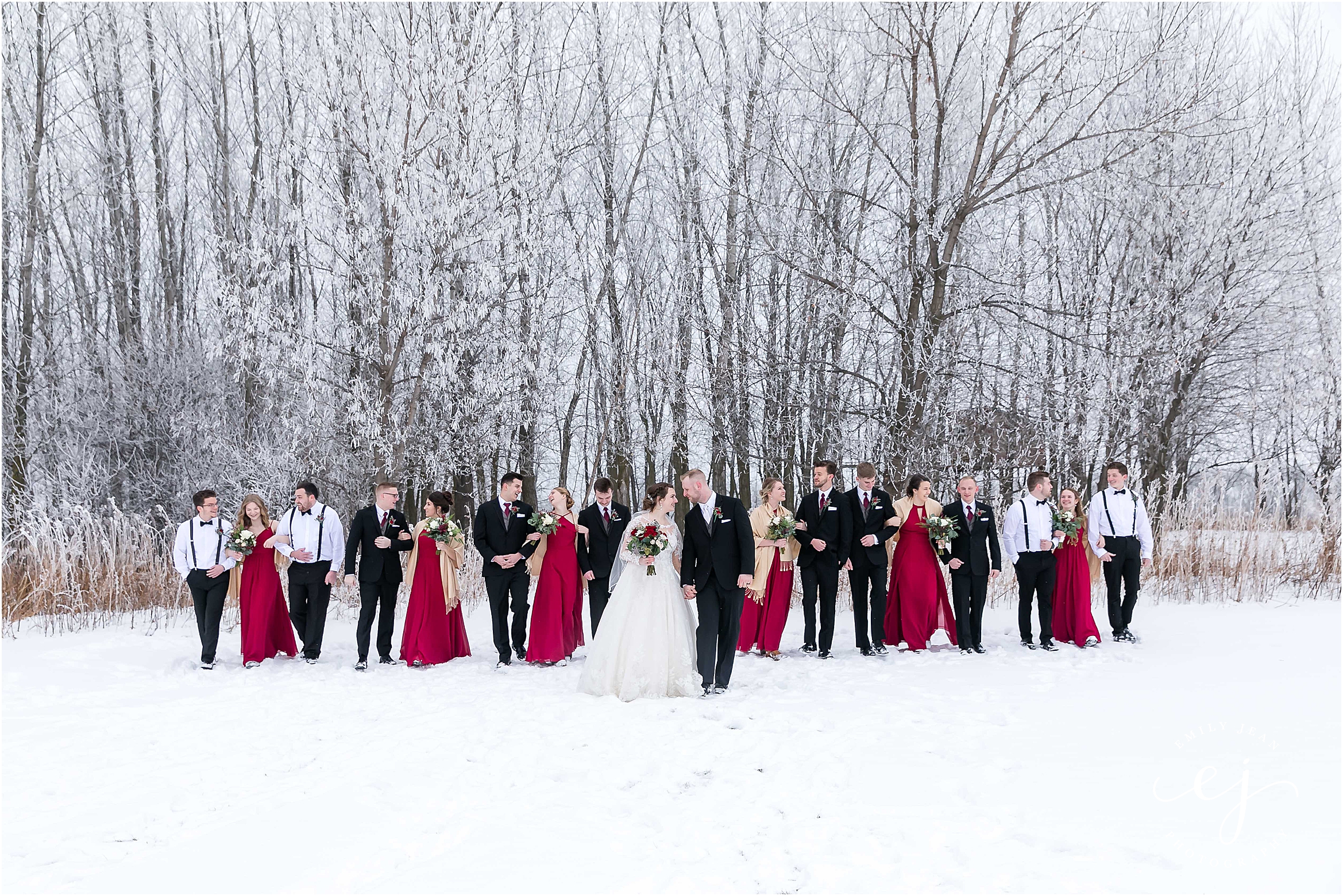 minnesota wedding photographer red and black colors winter wedding bridal party