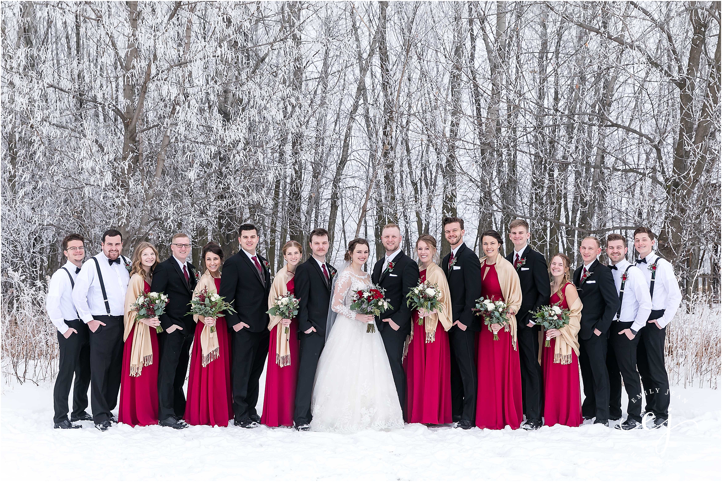 minnesota wedding photographer red and black colors winter wedding bridal party