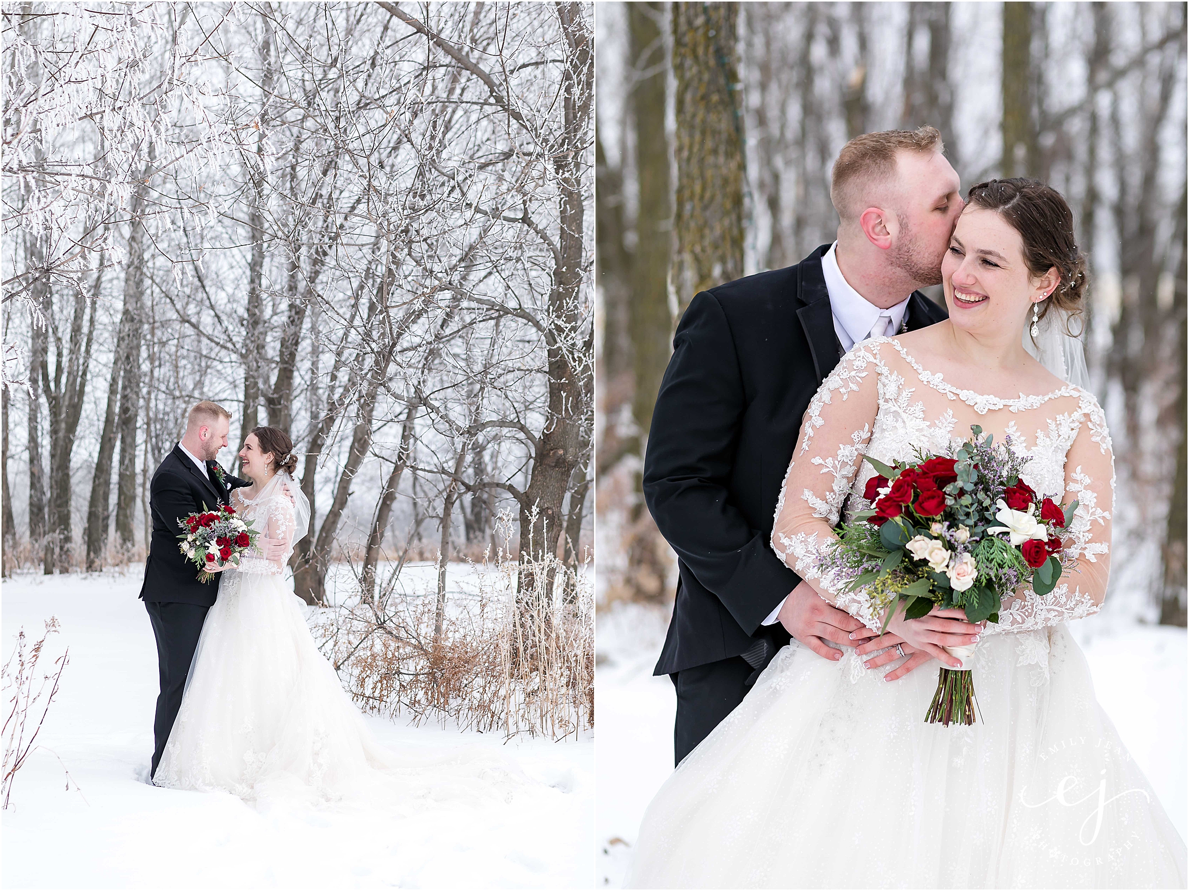 bride and groom winter wedding minnesota snow red flowers