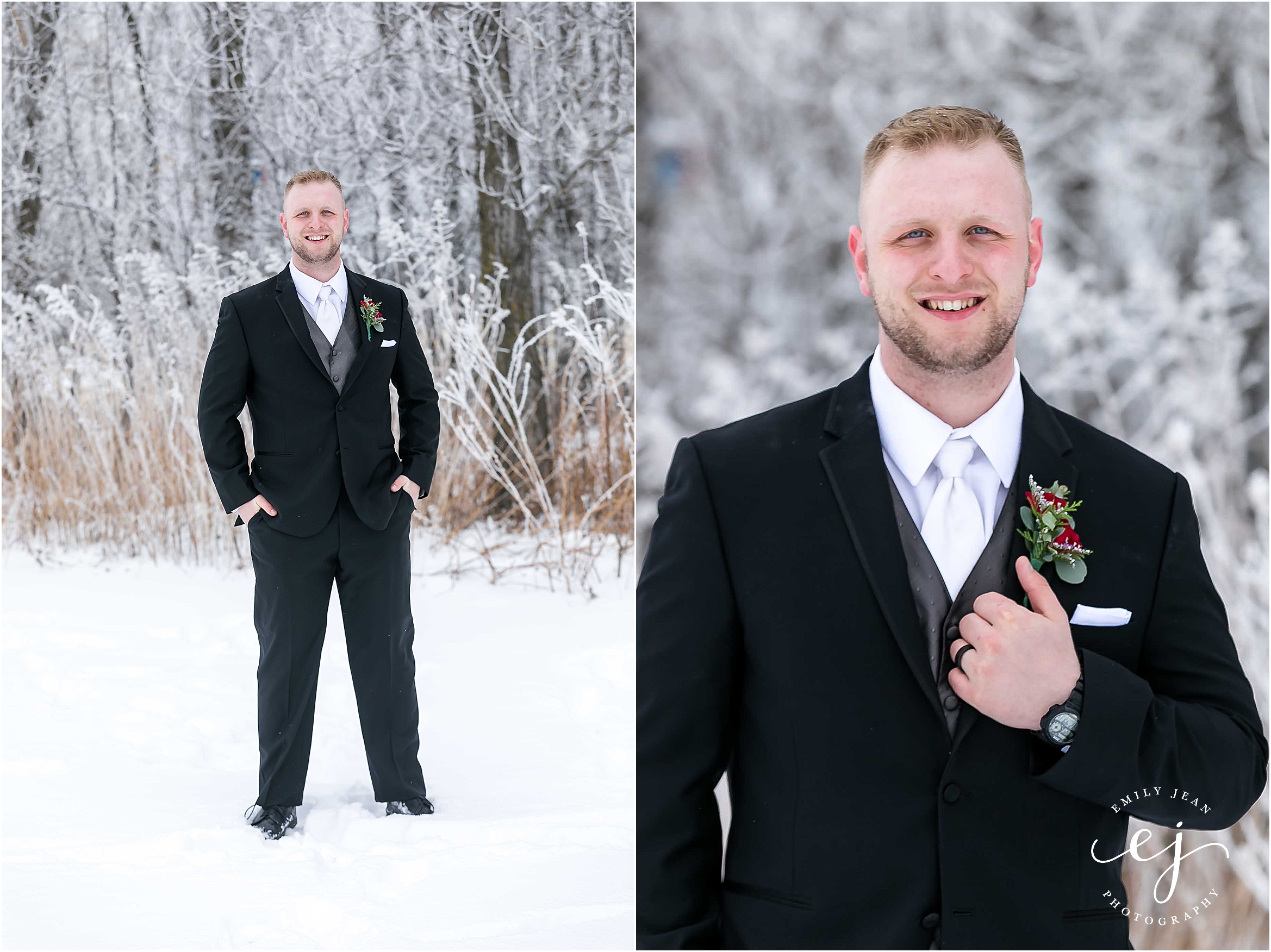 groom black suit grey vest white tie winter outdoors minnesota wedding