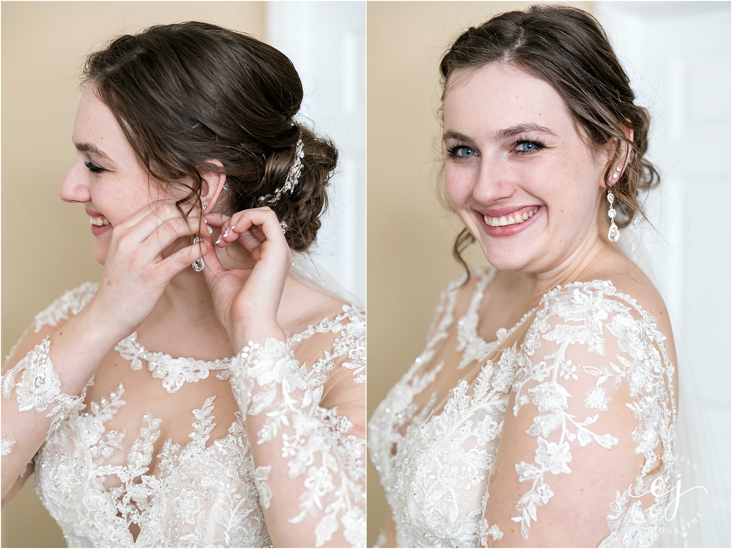 bride putting earrings in and smiling minnesota wedding