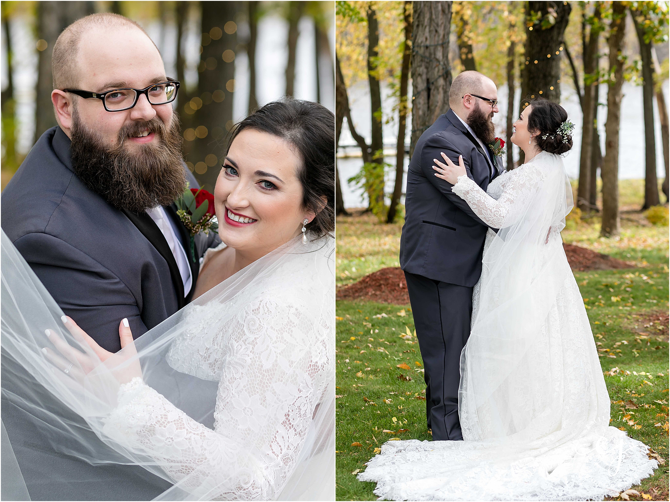 wisconsin fall wedding outside bride and groom snuggle
