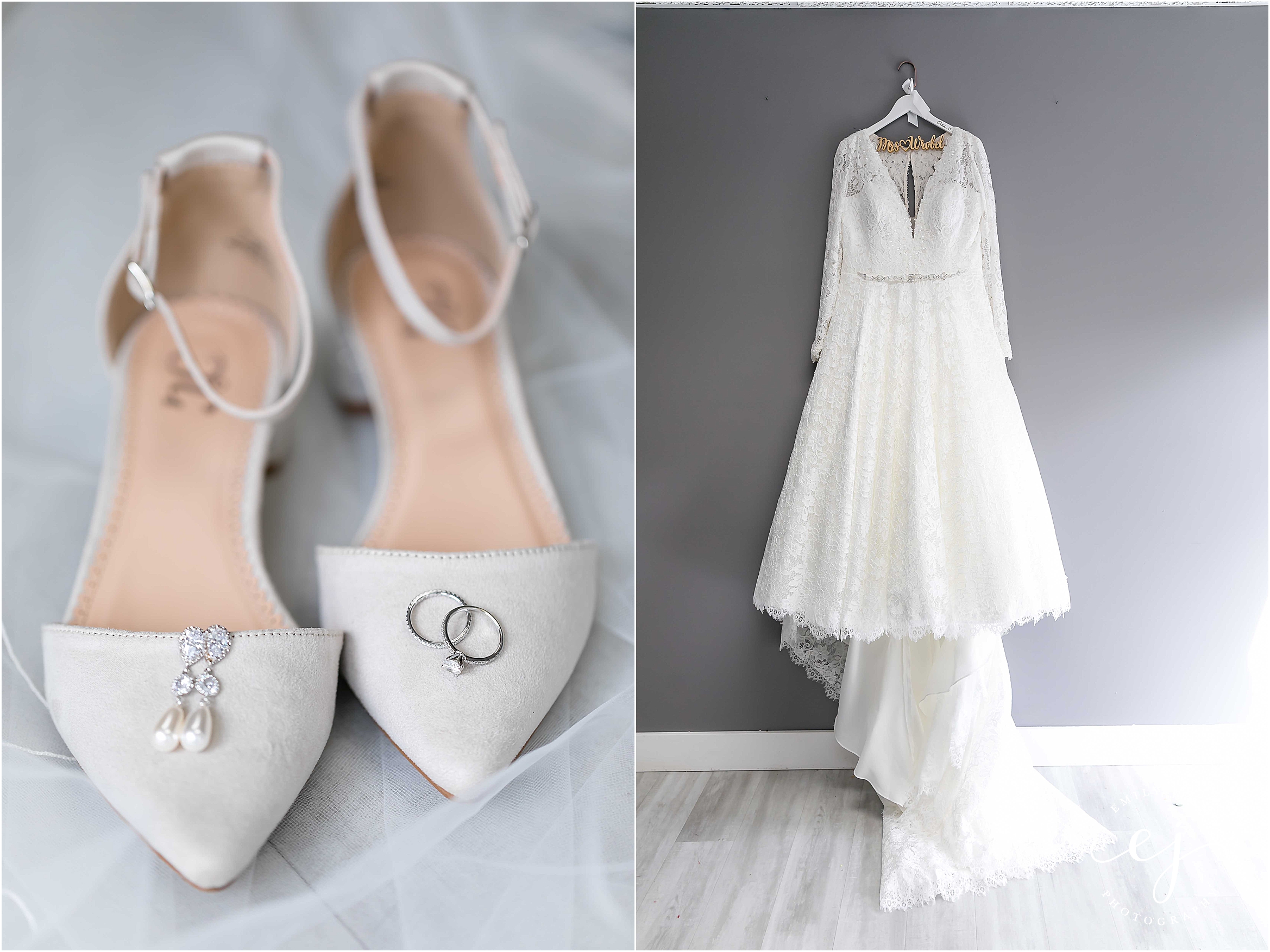 wisconsin wedding celebrations on the river rings shoes and long sleeve lace dress