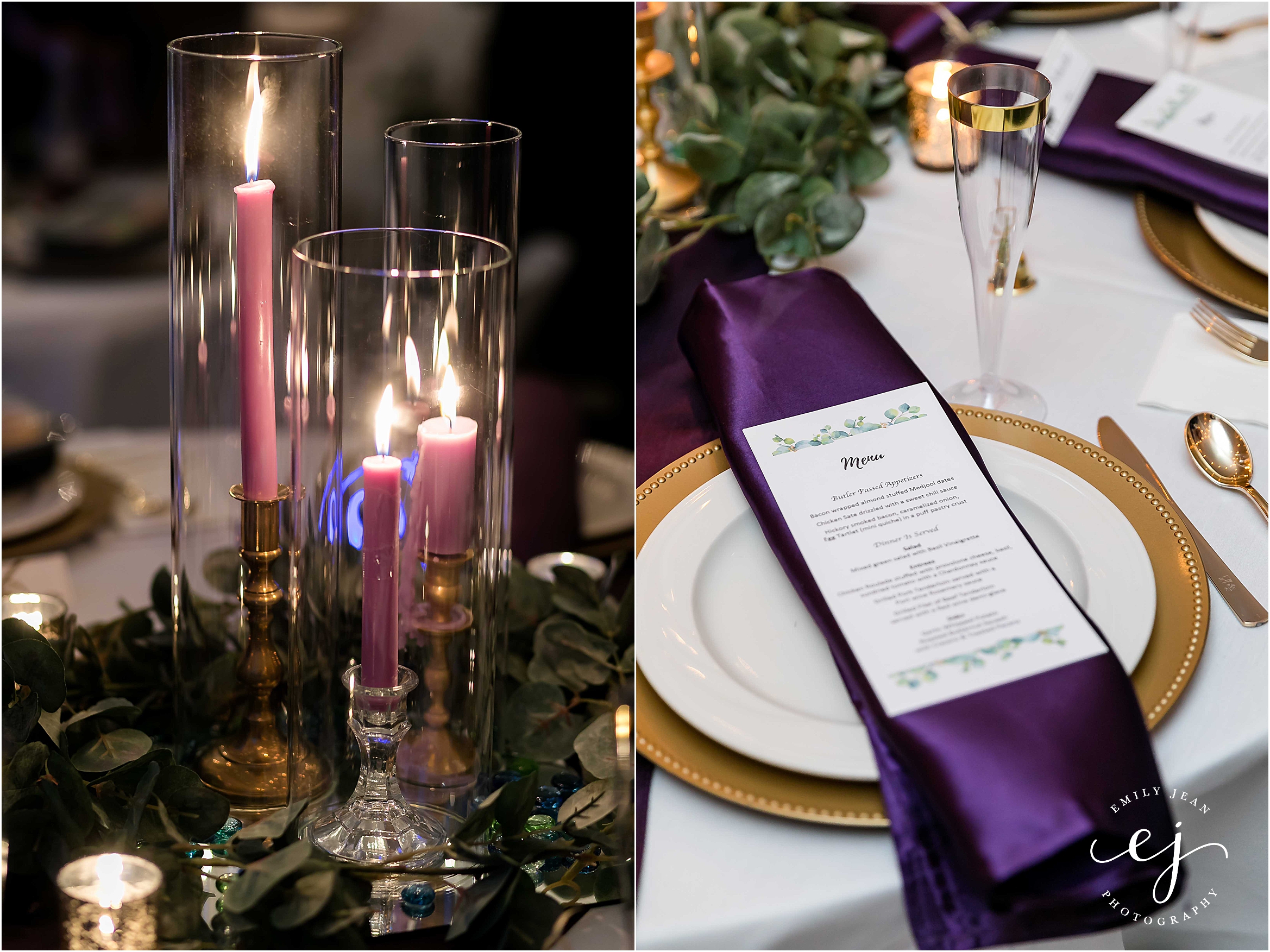 plum jewel tone wedding decor satin napkin gold charger and candle