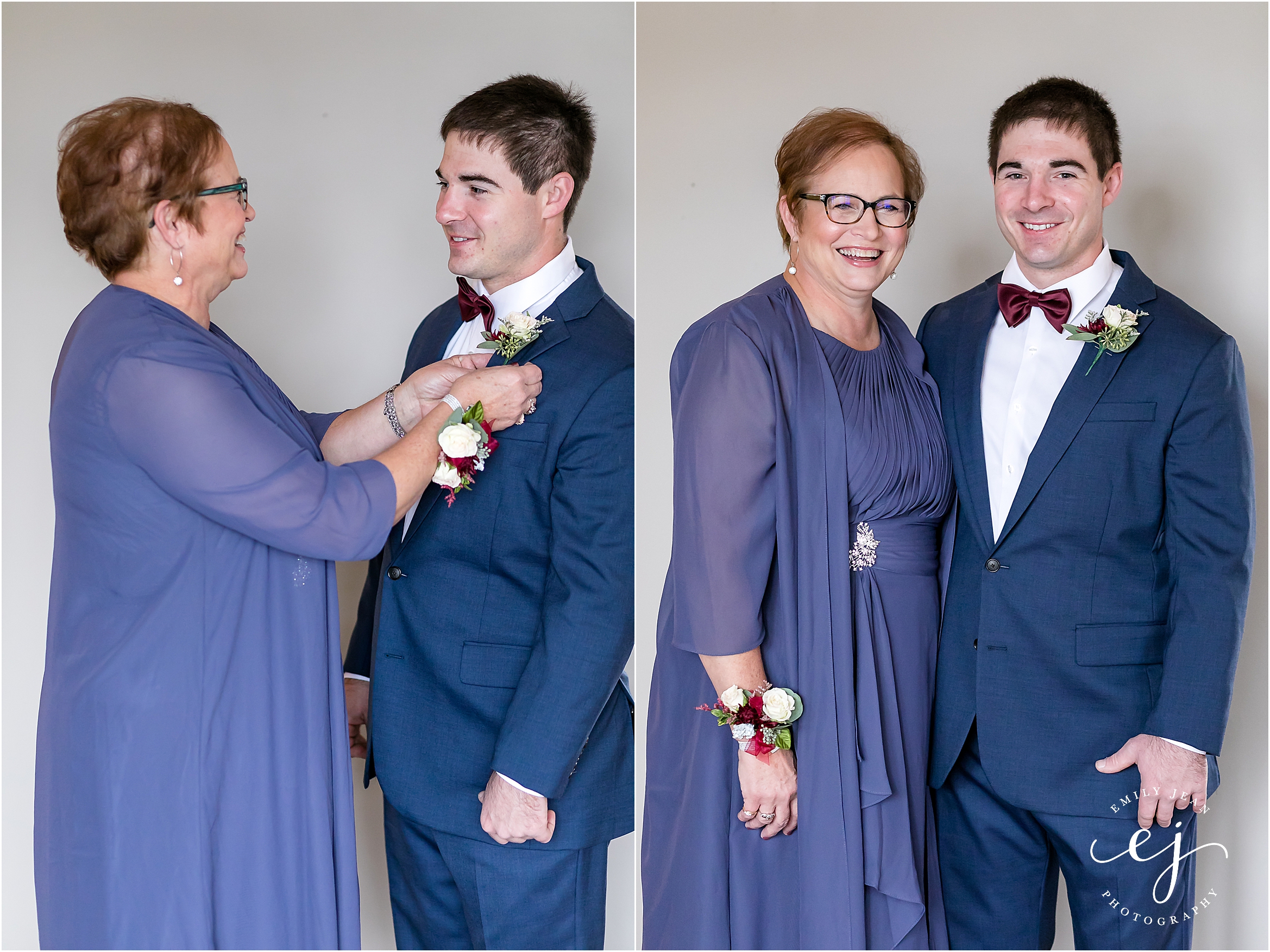 mom putting boutonniere on son wedding wisconsin