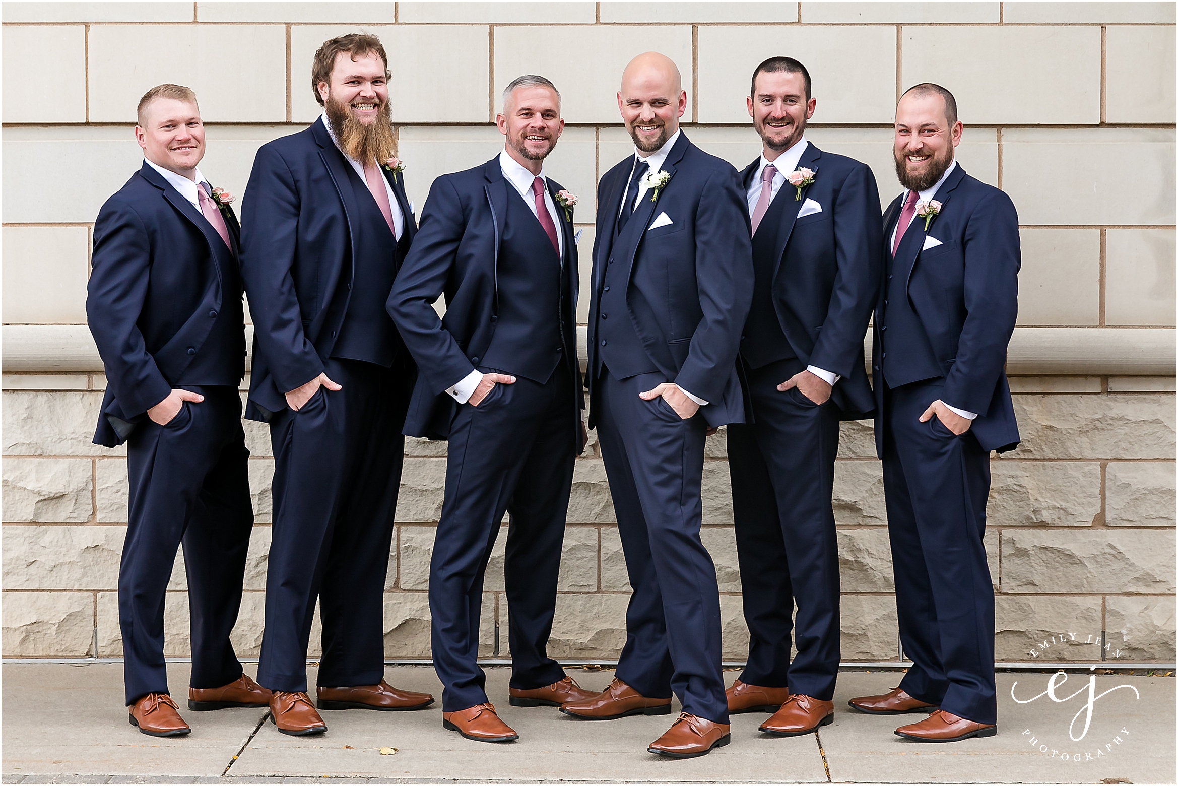navy men groomsmen with blush tie