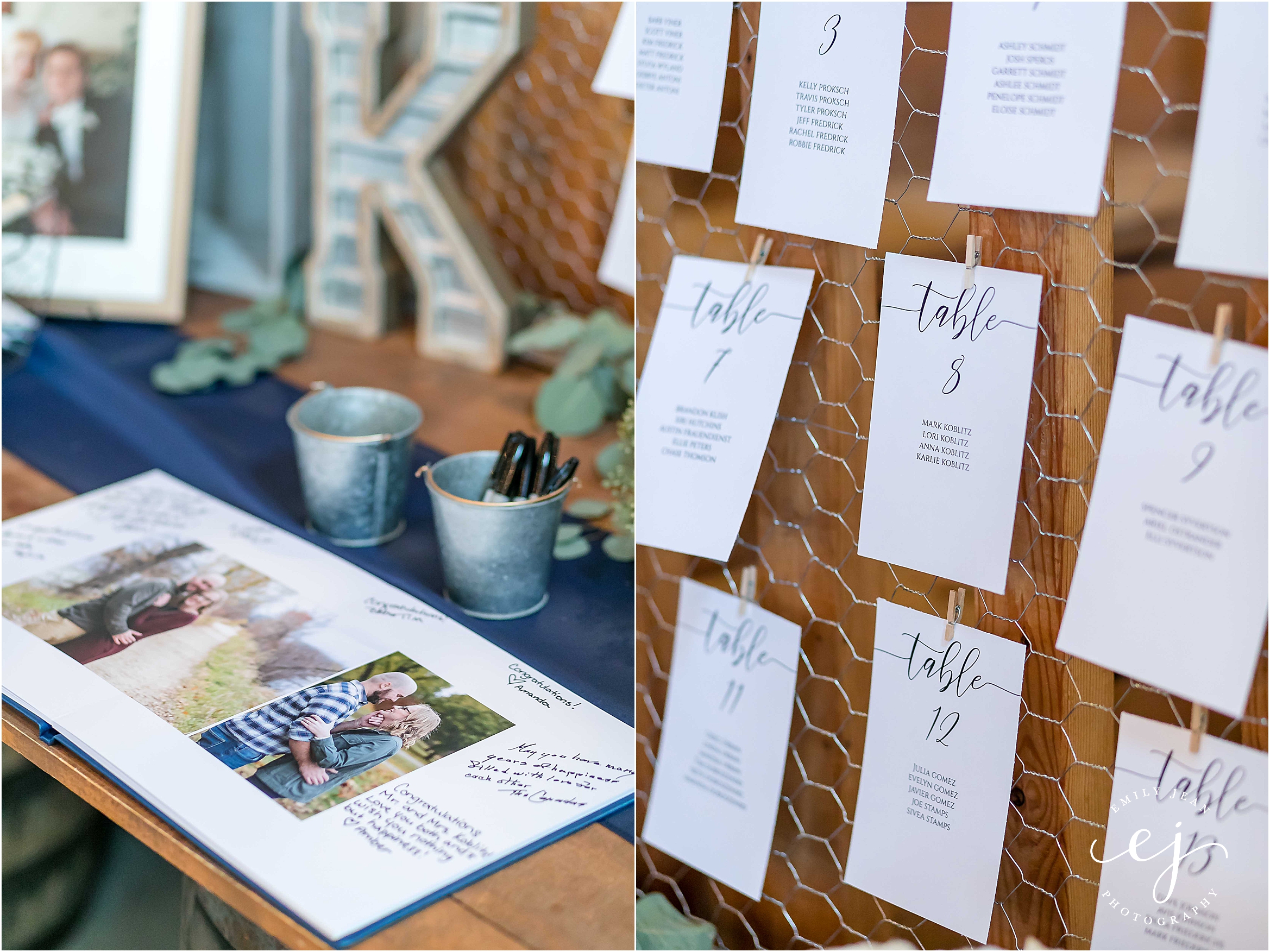 Custom engagement gas book and table numbers displayed at Edgewood Farm wedding and Henderson Minnesota