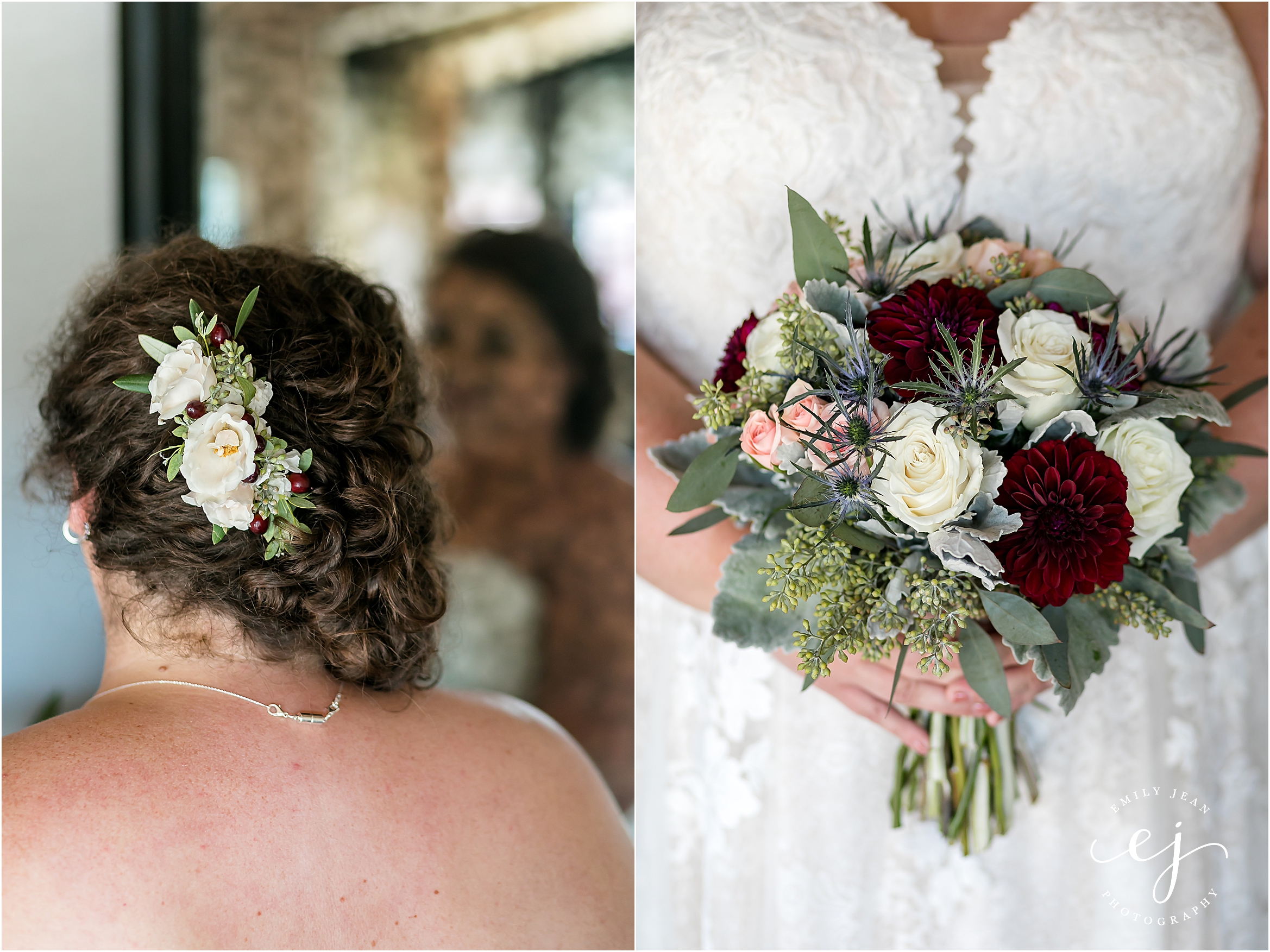bride floral hair piece in curly brown hair and matching bouquet