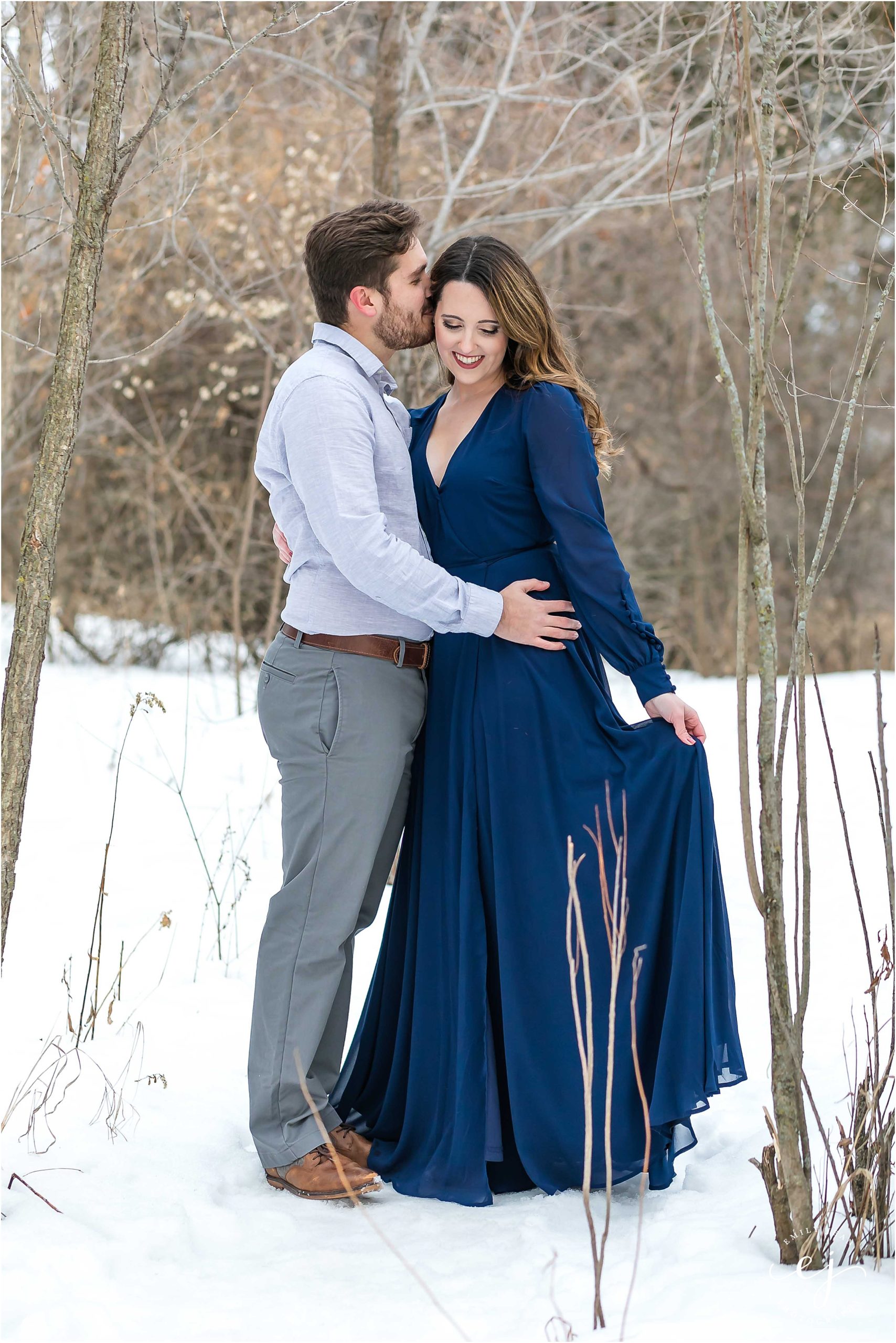 long blue dress engagement session winter field wisconsin