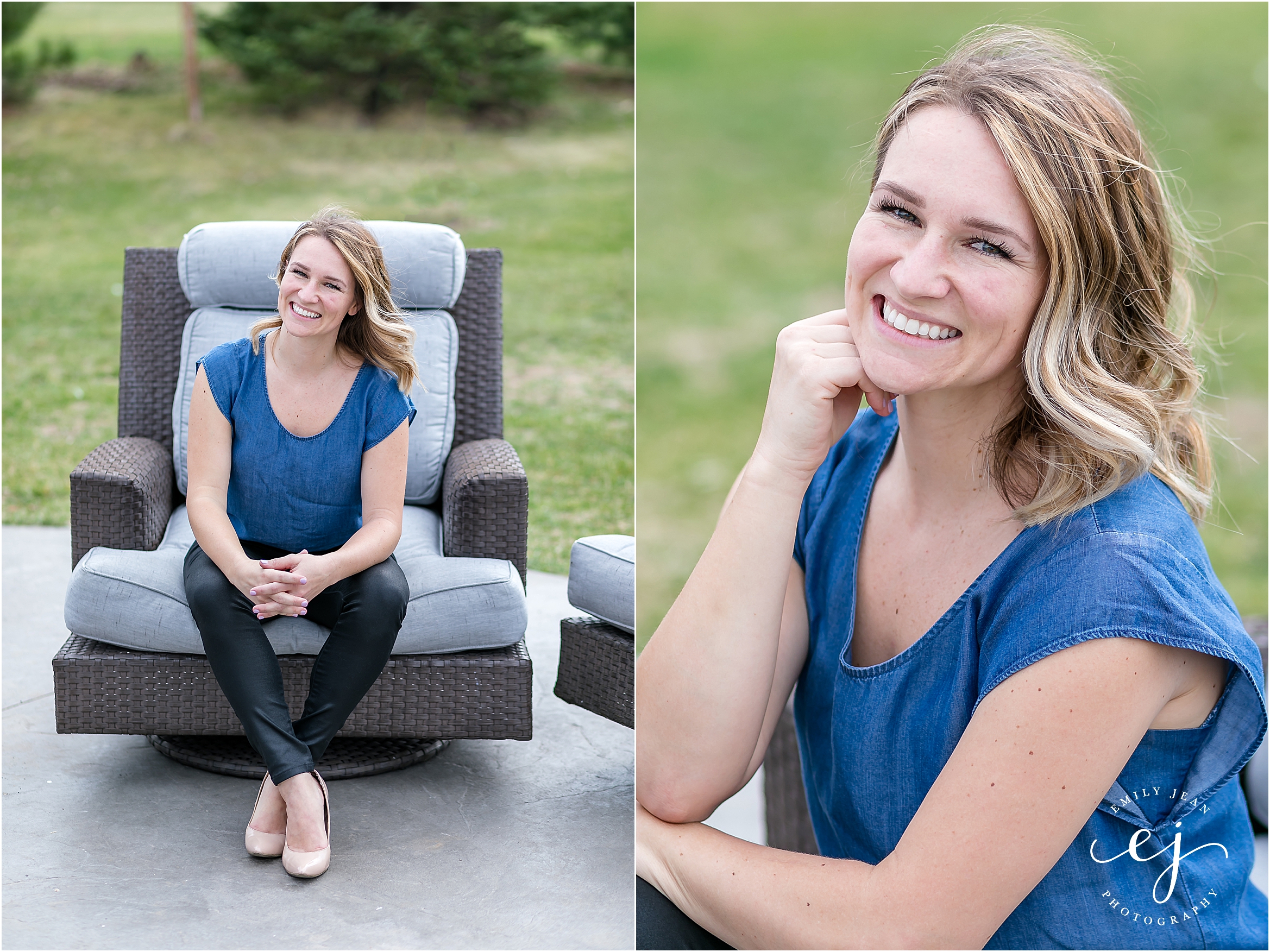 Real estate headshot woman blue shirt and black leather leggings sitting outside on lawn furniture
