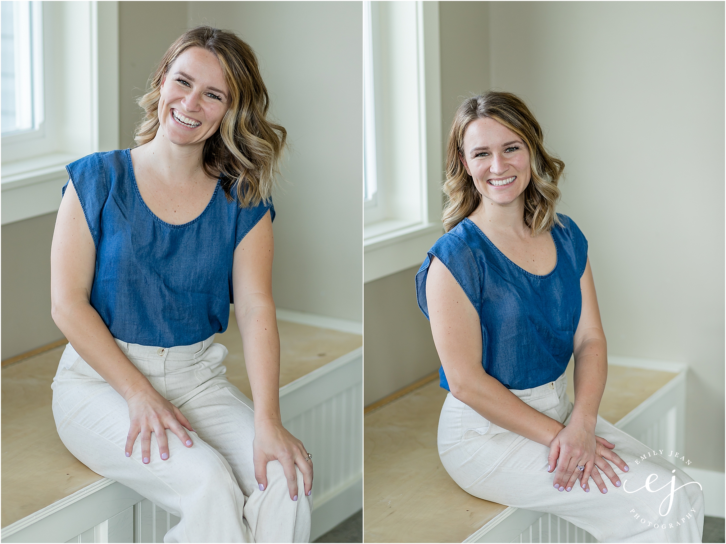 Lacrosse Wisconsin professional headshot woman sitting in front of window wearing blue shirt and women pants