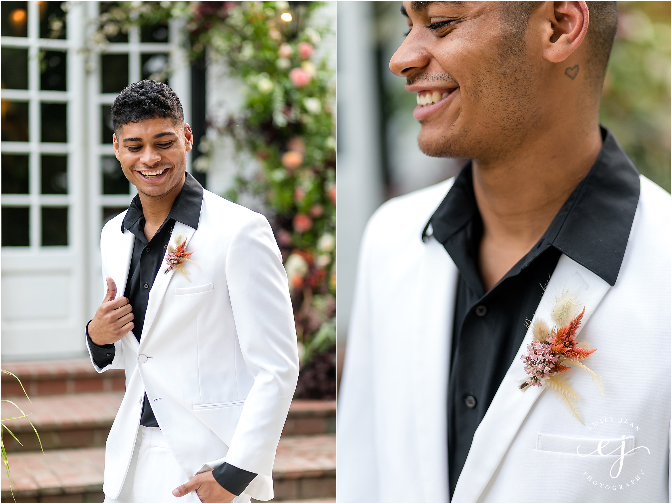 white suit and black shirt groom smiling