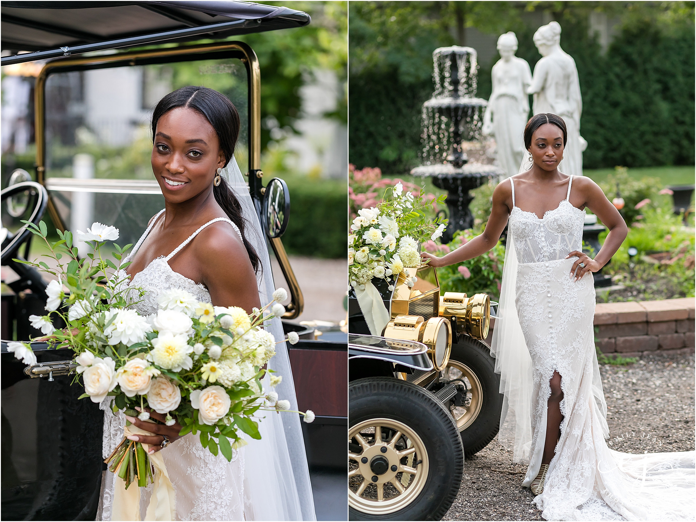 black bride with straight long hair standing with old car