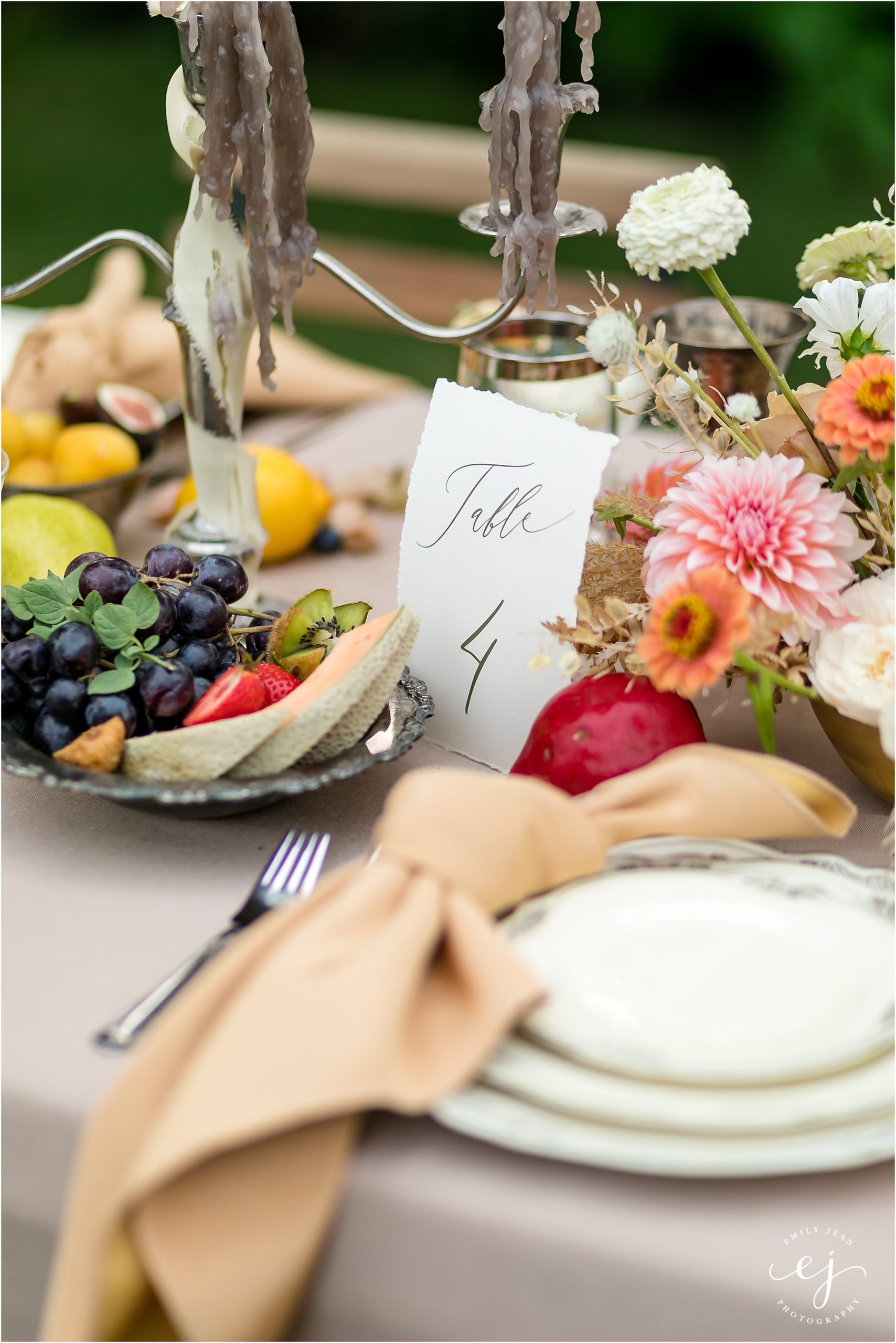 simple vintage table number with fruit and flowers