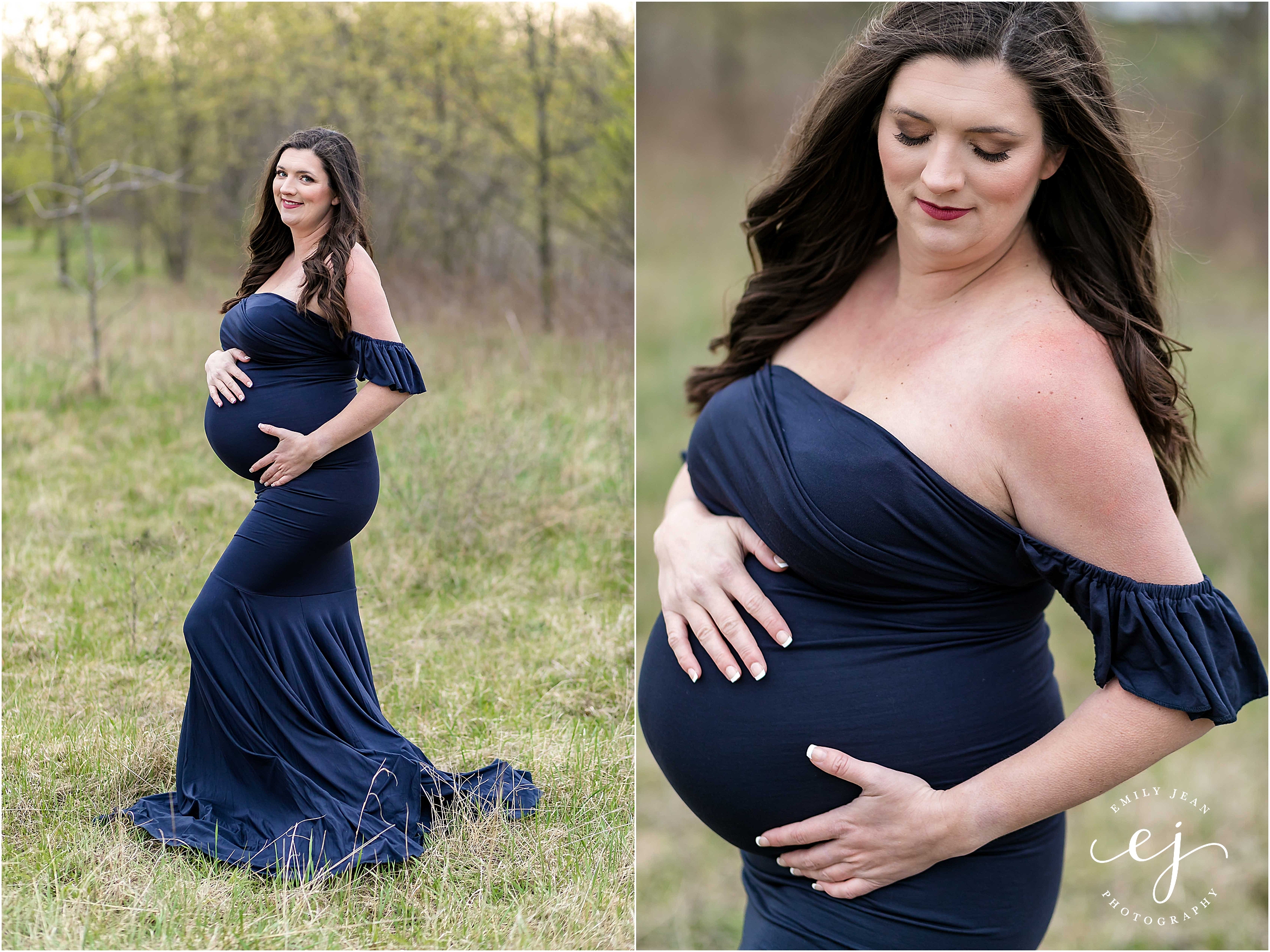 Maternity photo navy blue off the shoulder dress in nature at sunset