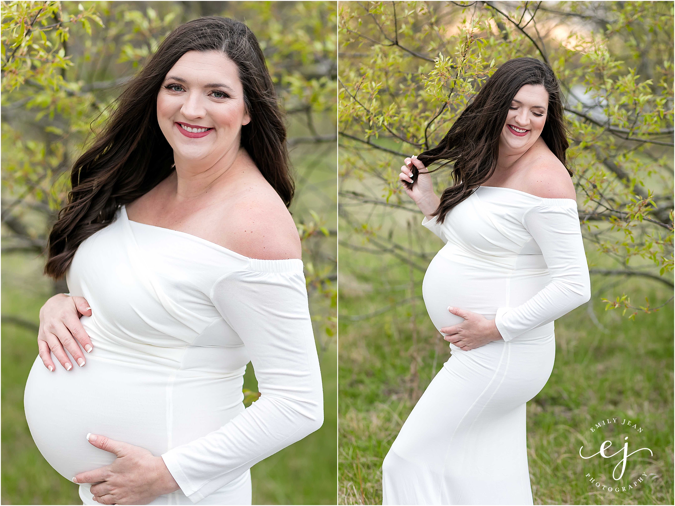 Pregnant woman smiling and laughing in West Salem Wisconsin at the park for maternity photos