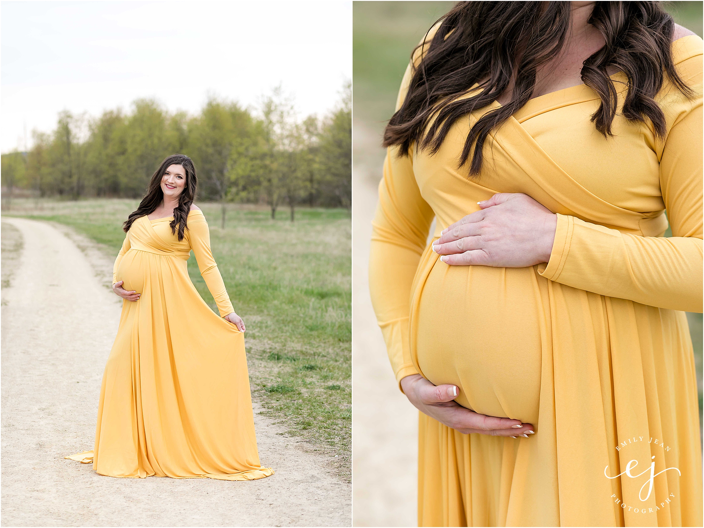 Yellow maternity dress professional photos in nature